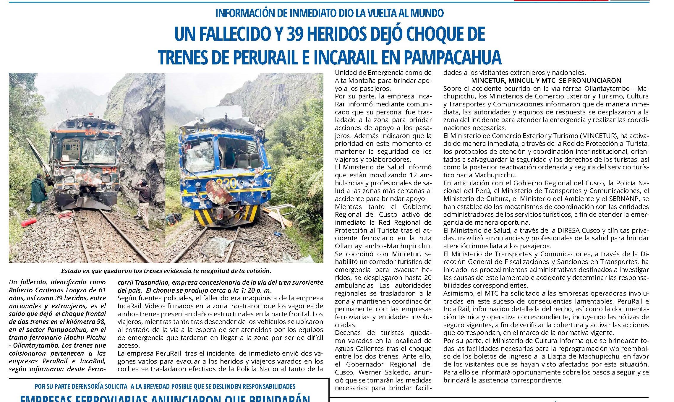 Un fallecido y 39 heridos dejó choque de trenes de PERURAIL e INCARAIL en Pampacahua