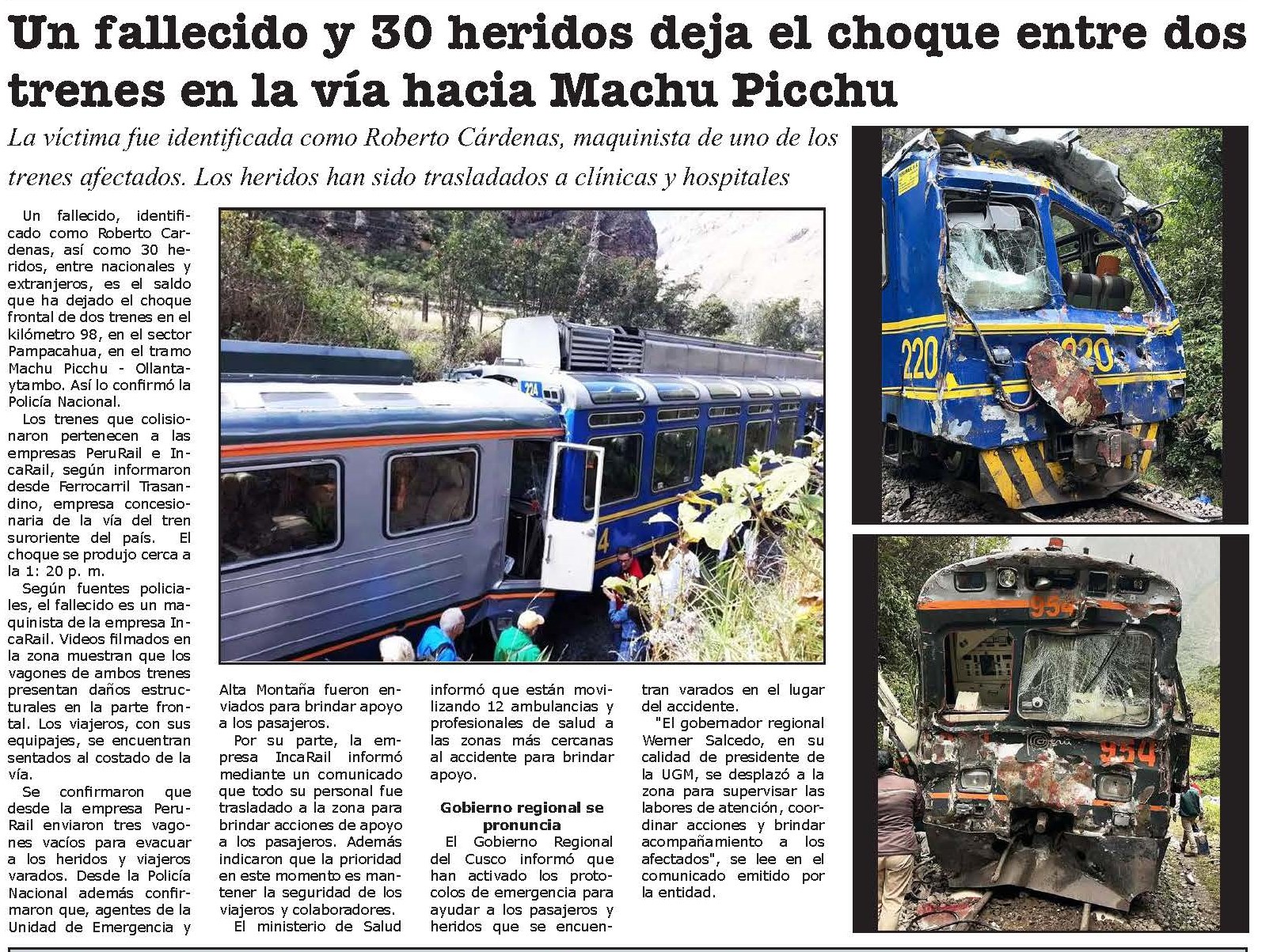 Un fallecido y 30 heridos deja el choque entre dos trenes en la vía hacia Machu Picchu