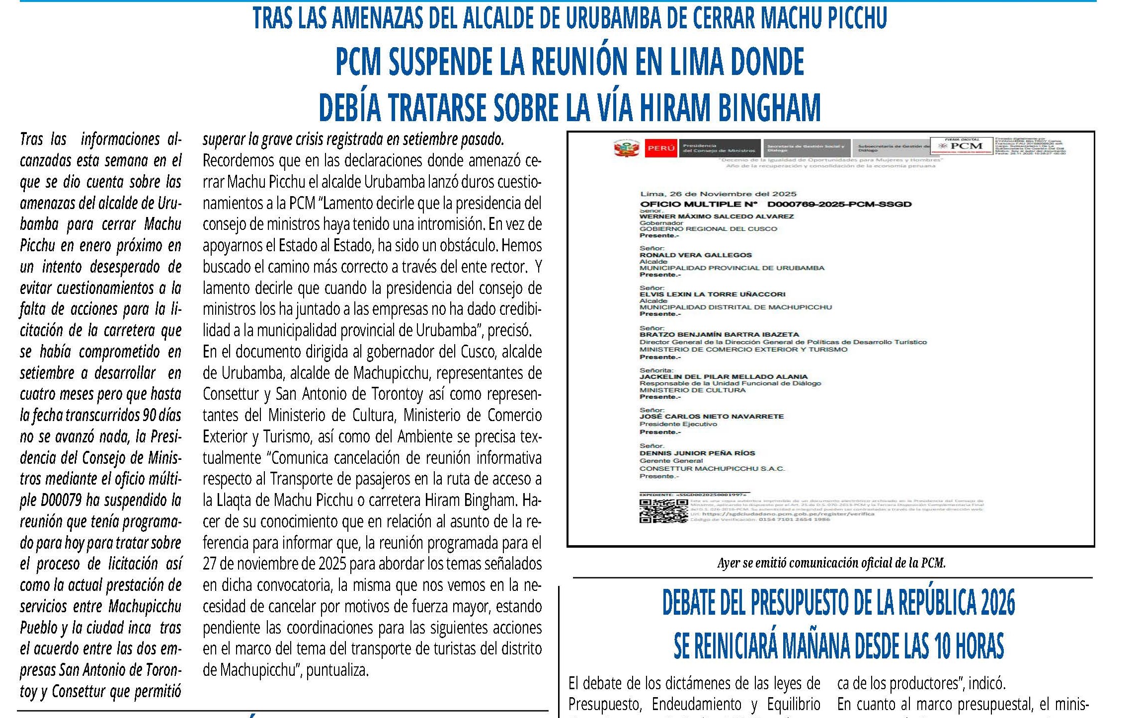PCM SUSPENDE REUNIÓN POR VÍA HIRAM BINGHAM