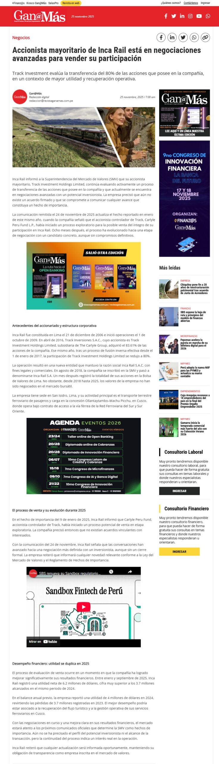 INCA RAIL: ACCIONISTA MAYORITARIO EN “CONVERSACIONES AVANZADAS” PARA VENDER SU PARTICIPACIÓN