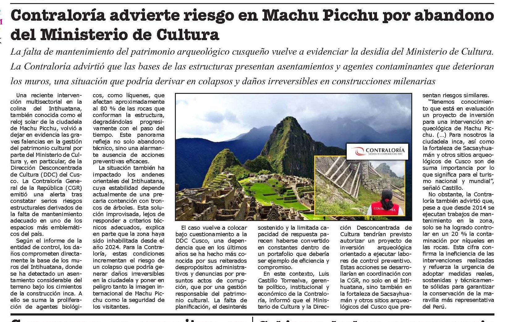 CONTRALORÍA ADVIERTE RIESGO EN MACHU PICCHU POR ABANDONO DEL MINISTERIO DE CULTURA