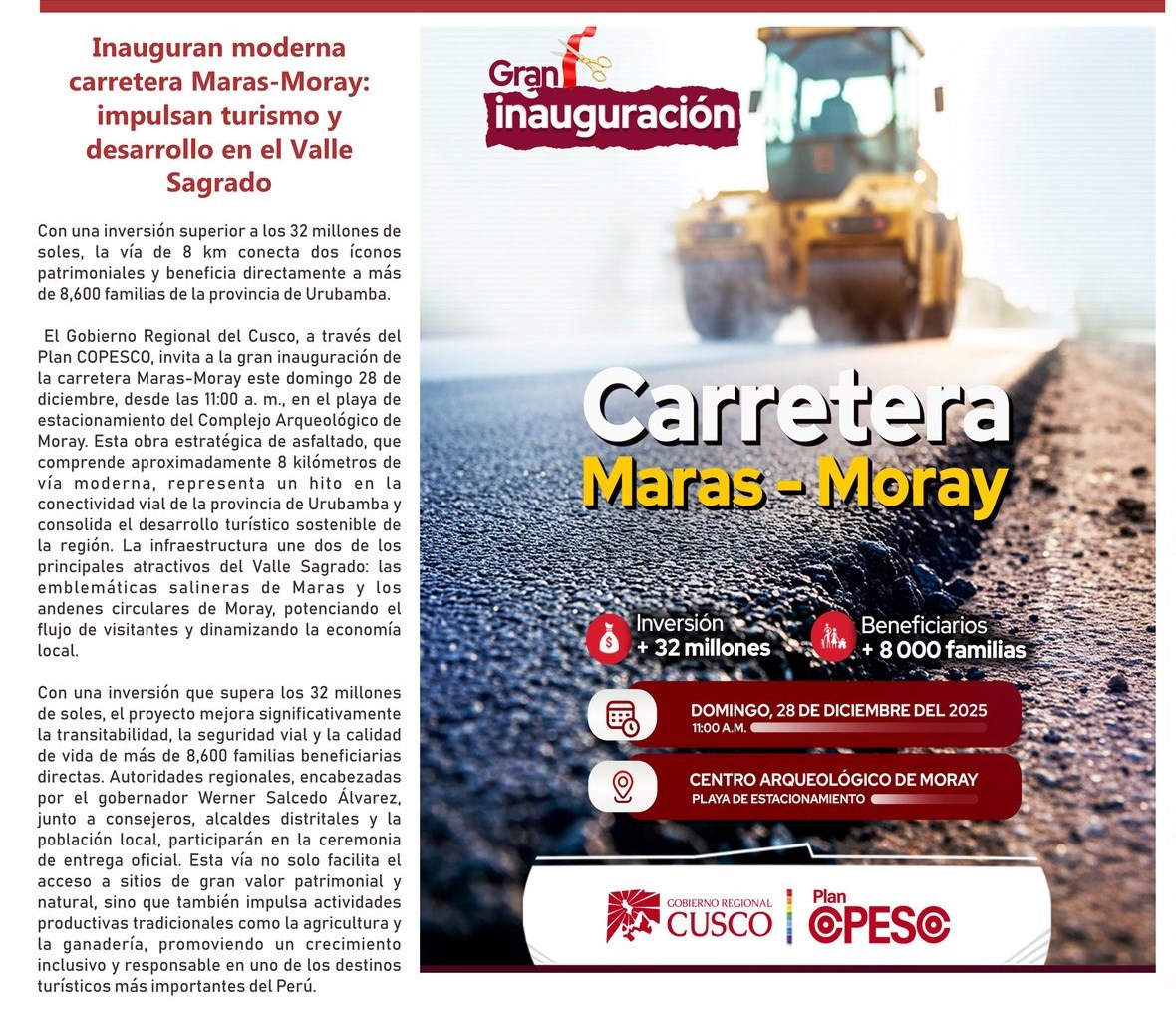 INAUGURAN MODERNA CARRETERA MARAS- MORAY: IMPULSAN TURISMO