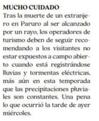 TURISTA BRASILEÑO FALLECIÓ AL SER IMPACTADO POR UN RAYO EN PARURO