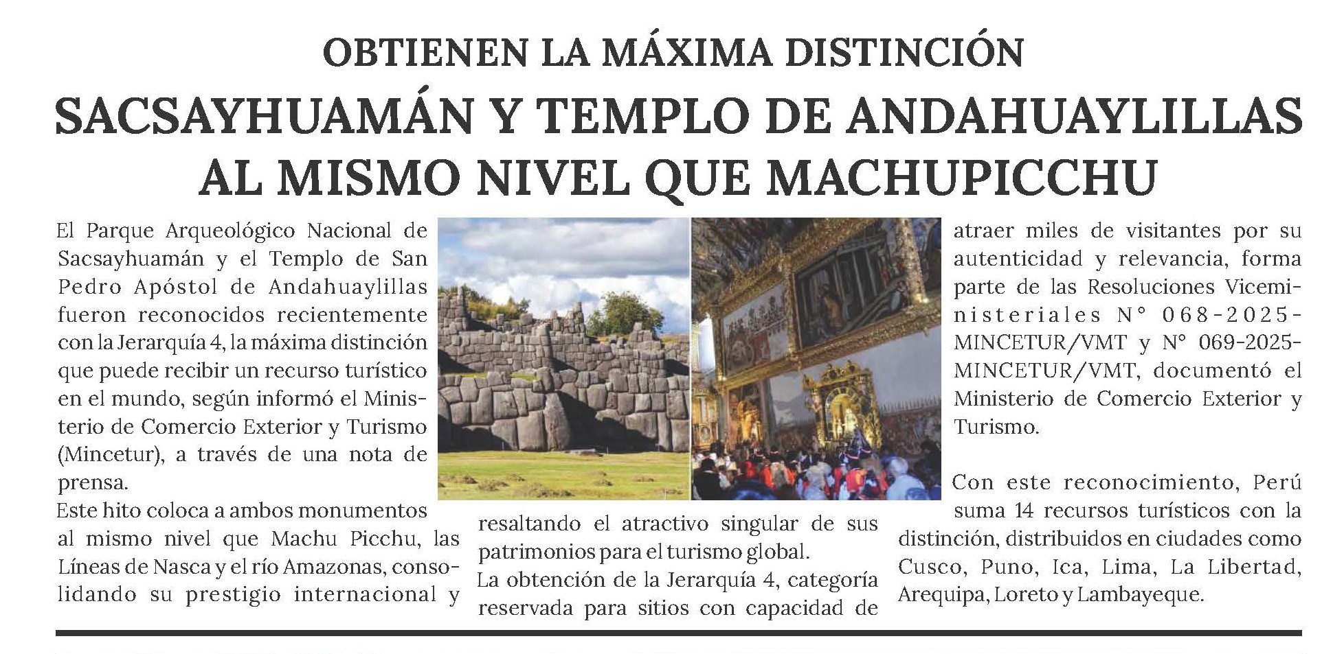 SACSAYHUAMÁN Y TEMPLO DE ANDAHUAYLILLAS AL MISMO NIVEL QUE MACHUPICCHU