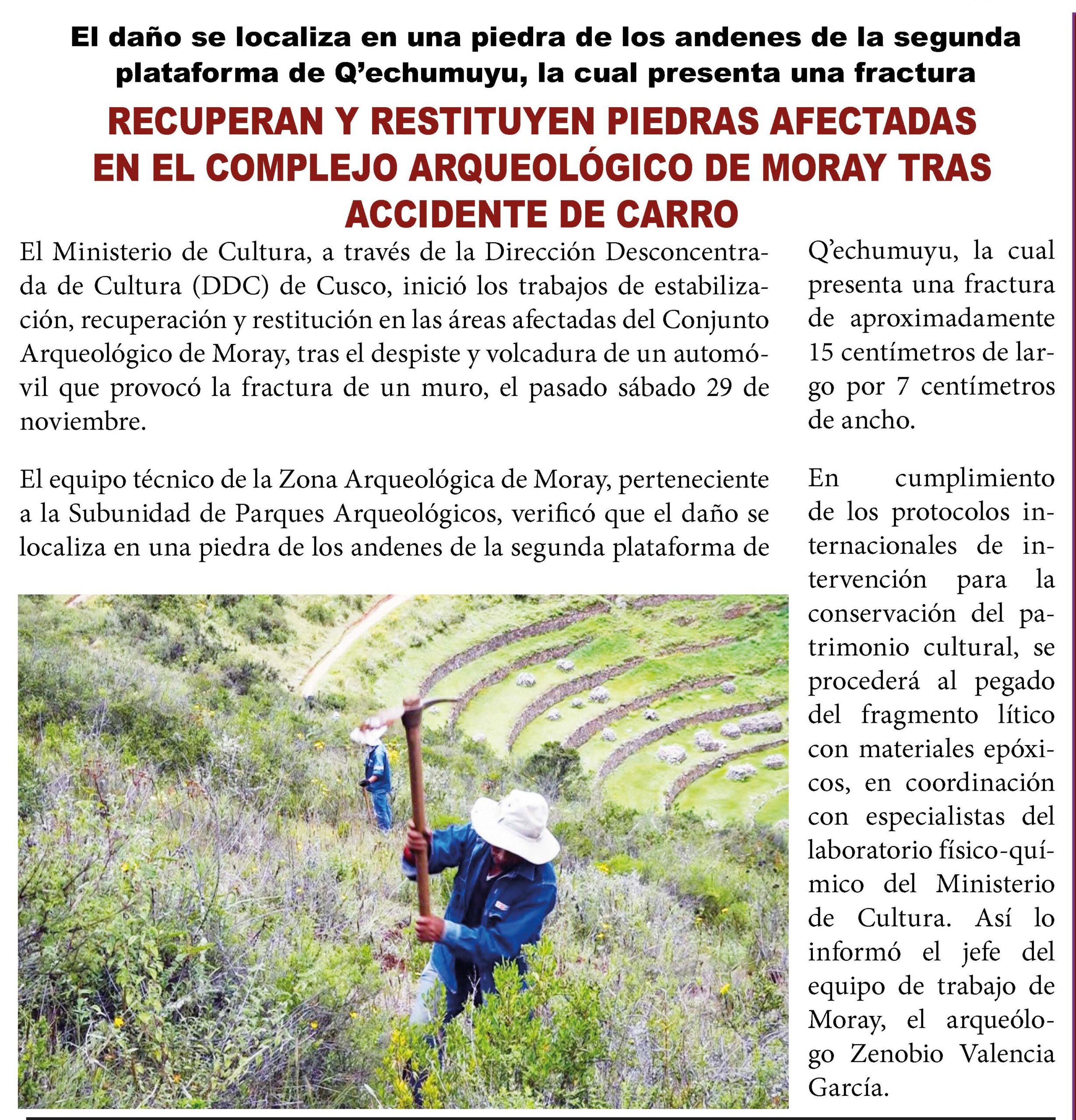 RESTITUYEN PIEDRAS AFECTADAS EN EL COMPLEJO ARQUEOLÓGICO DE MORAY