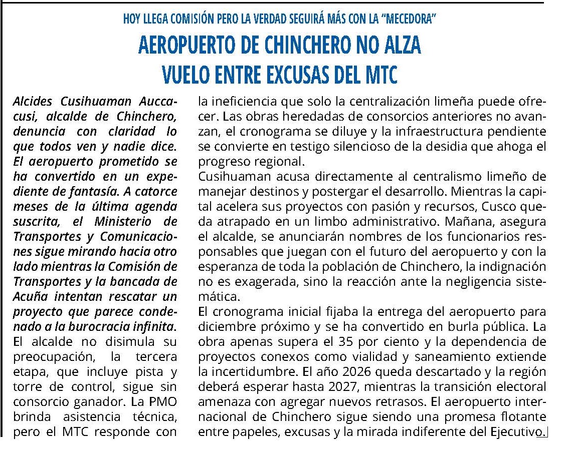 NUEVA POSTERGACIÓN DEL AEROPUERTO DE CHINCHERO QUE RECIÉN SERÍA ENTREGADO EL 2029