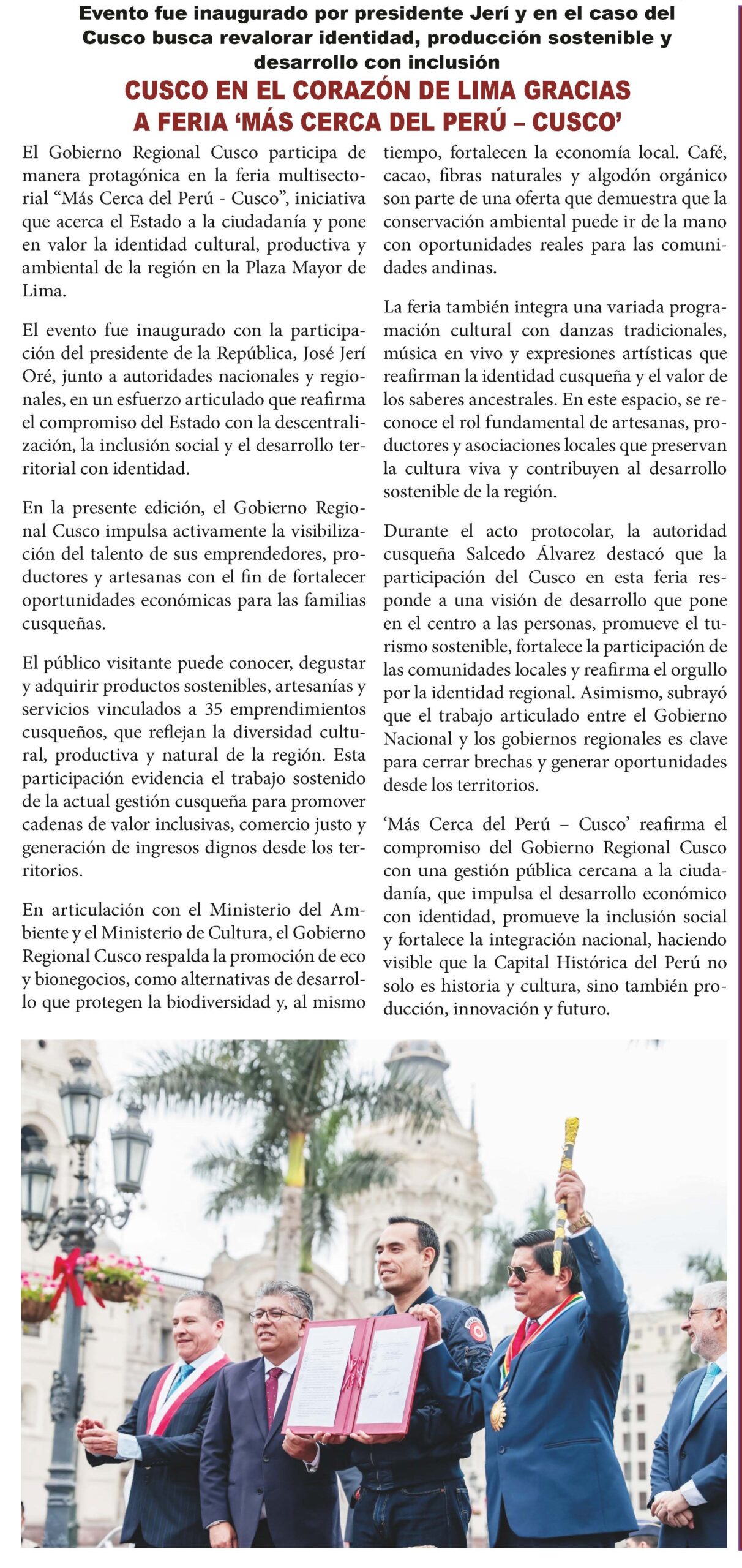 CUSCO EN EL CORAZÓN DE LIMA GRACIAS A FERIA “MÁS CERCA DEL PERÚ- CUSCO”