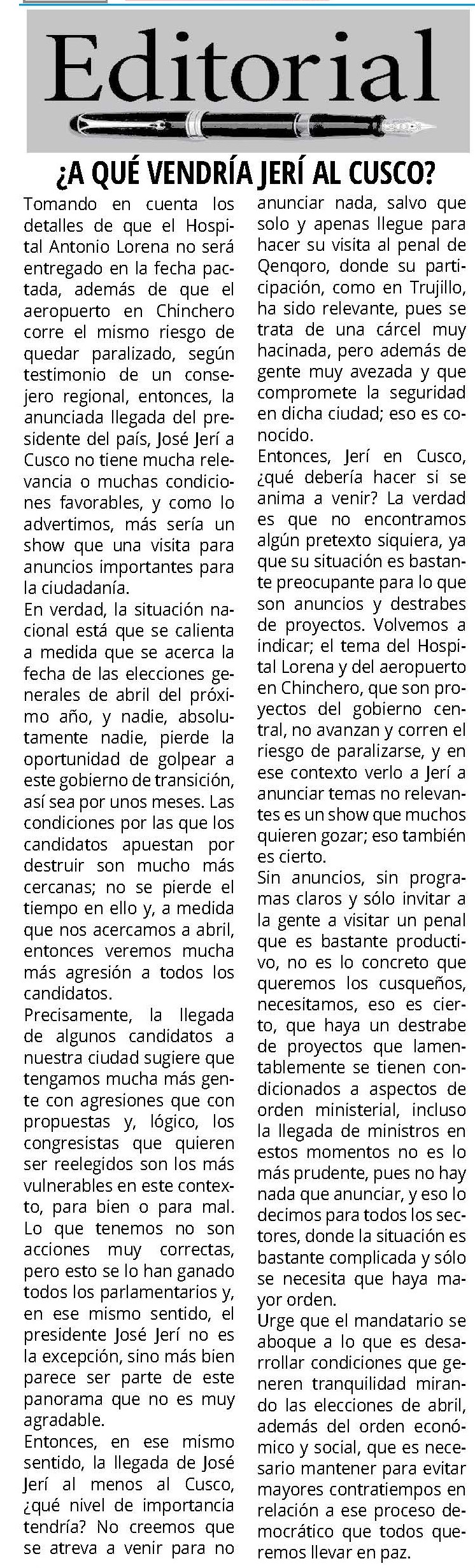 PRESIDENTE JOSÉ JERÍ POSTERGÓ PARA DICIEMBRE SU VISITA DE TRABAJO AL CUSCO