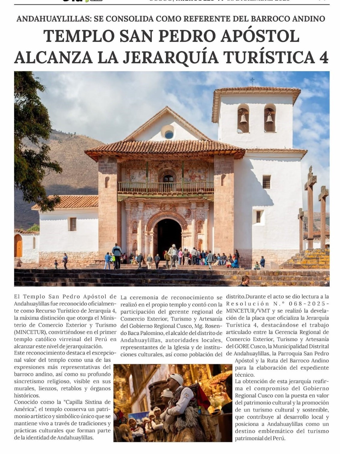 TEMPLO SAN PEDRO APÓSTOL DE ANDAHUAYLILLAS ALCANZA LA JERARQUÍA TURÍSTICA 4