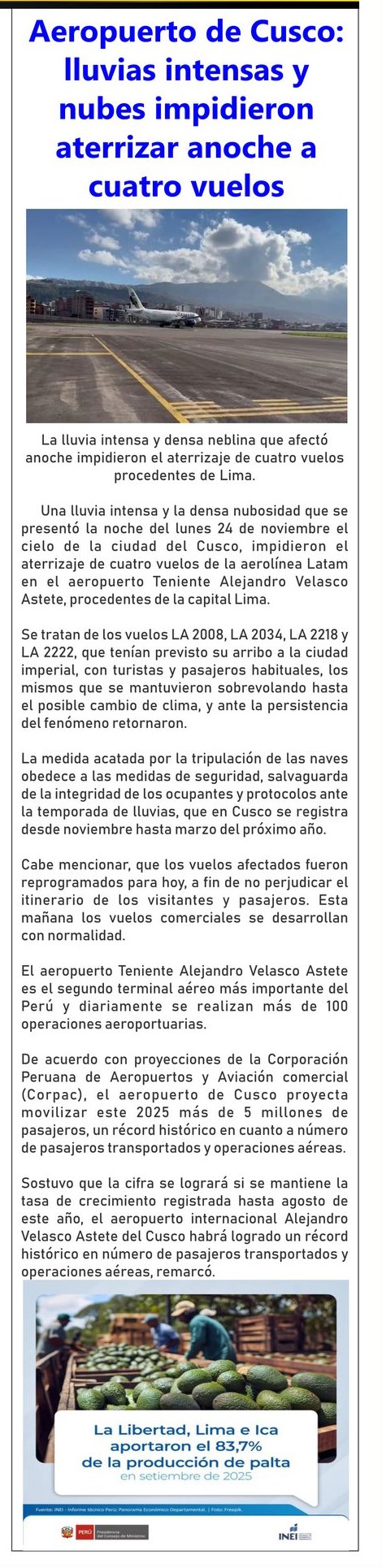 AEROPUERTO DE CUSCO: LLUVIAS INTENSAS Y NUBES IMPIDIERON ATERRIZAR CUATRO VUELOS