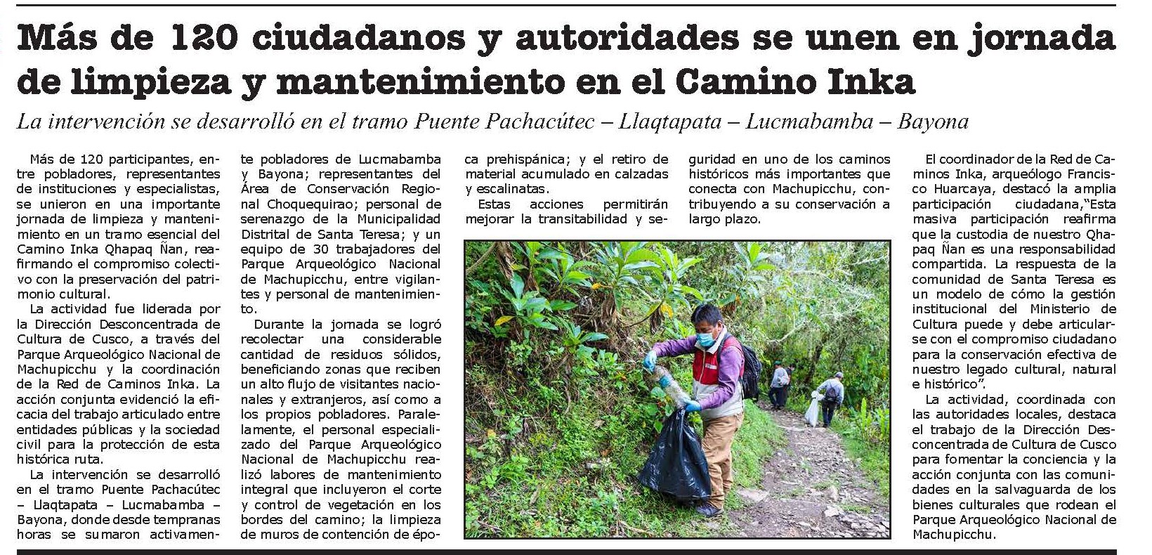 MÁS DE 120 CIUDADANOS Y AUTORIDADES SE UNEN EN JORNADA DE LIMPIEZA EN EL CAMINO INKA.