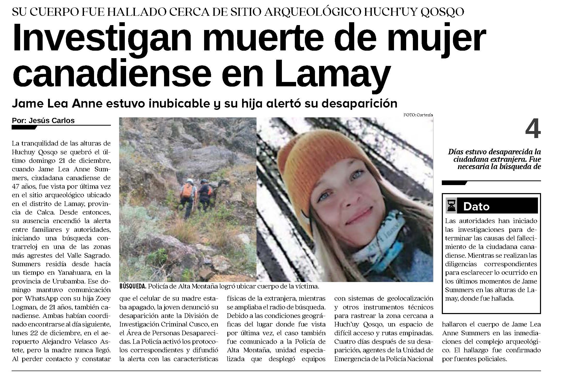 TURISTA CANADIENSE HALLADA SIN VIDA EN RUTA A HUCHUY QOSQO