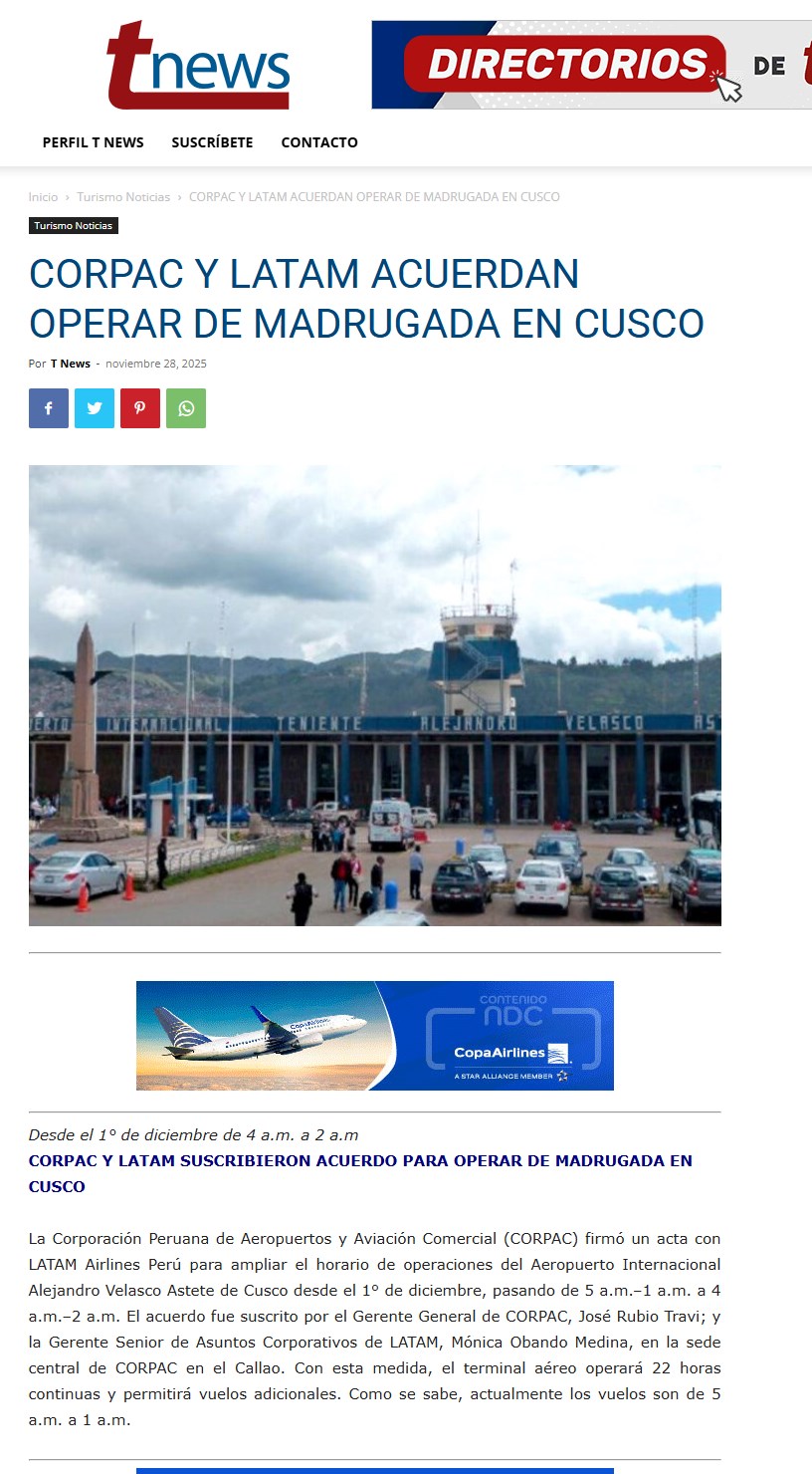 CORPAC Y LATAM ACUERDAN OPERAR DE MADRUGADA EN CUSCO