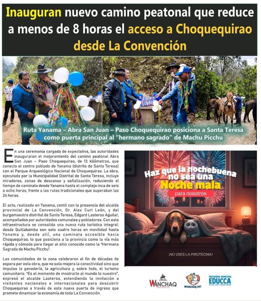 NUEVO CAMINO PEATONAL REDUCE A MENOS DE 8 HORAS EL ACCESO A CHOQUEQUIRAO