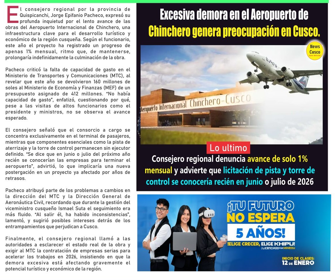 EXCESIVA DEMORA EN EL AEROPUERTO CHINCHERO GENERA PREOCUPACIÓN EN CUSCO