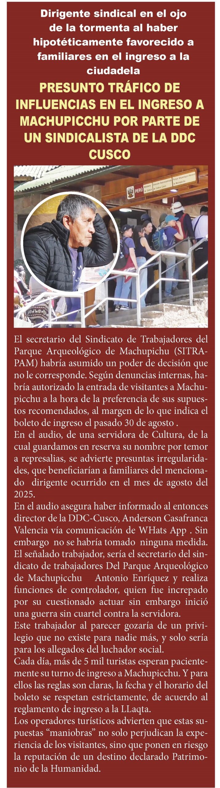 PRESUNTO TRÁFICO DE INFLUENCIAS EN EL INGRESO A MACHUPICCHU