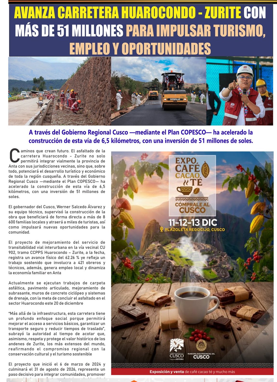 AVANZA CARRETERA HUAROCONDO-ZURITE PARA IMPULSAR TURISMO, EMPLEO Y OPORTUNIDADES