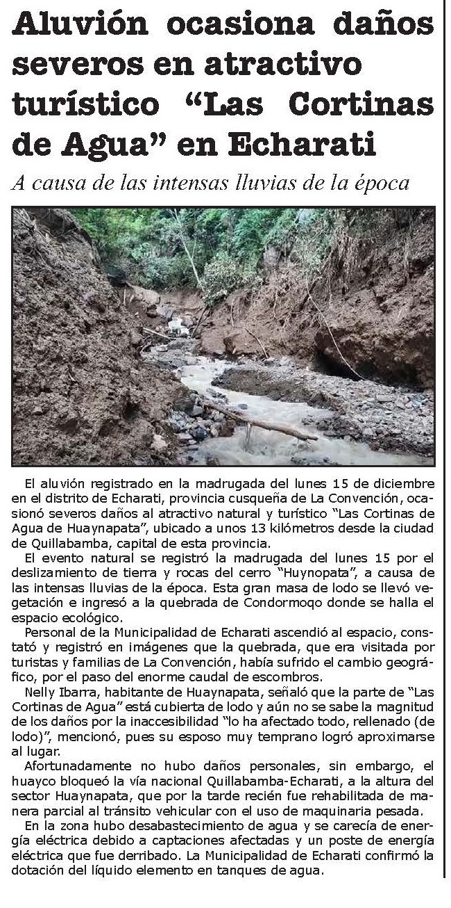 ALUVIÓN OCASIONA DAÑOS SEVEROS EN ATRACTIVO TURÍSTICO “LAS CORTINAS DE AGUA” EN ECHARATI