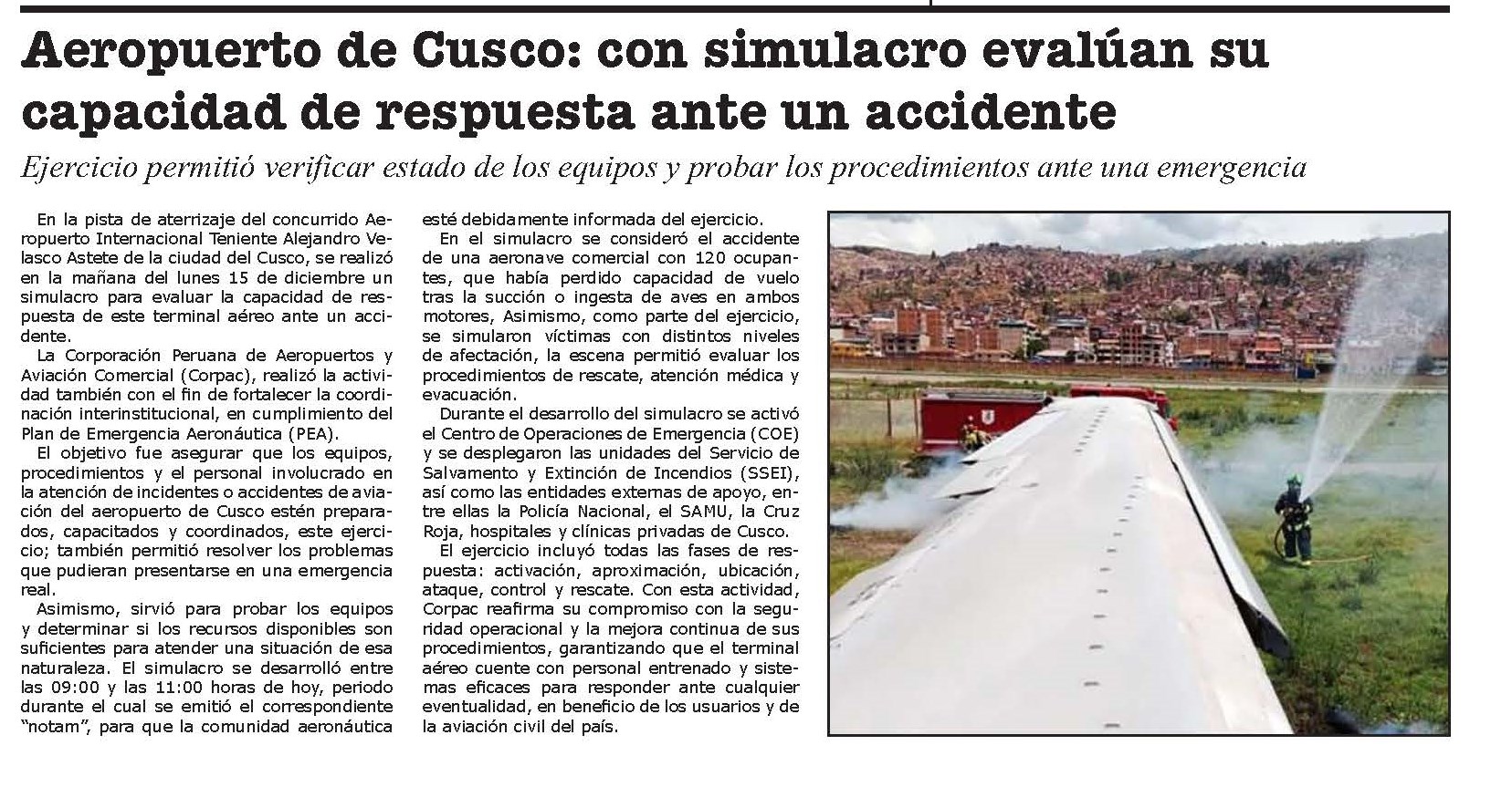 AEROPUERTO DE CUSCO: CON SIMULACRO EVALÚAN SU CAPACIDAD DE RESPUESTA ANTE UN ACCIDENTE