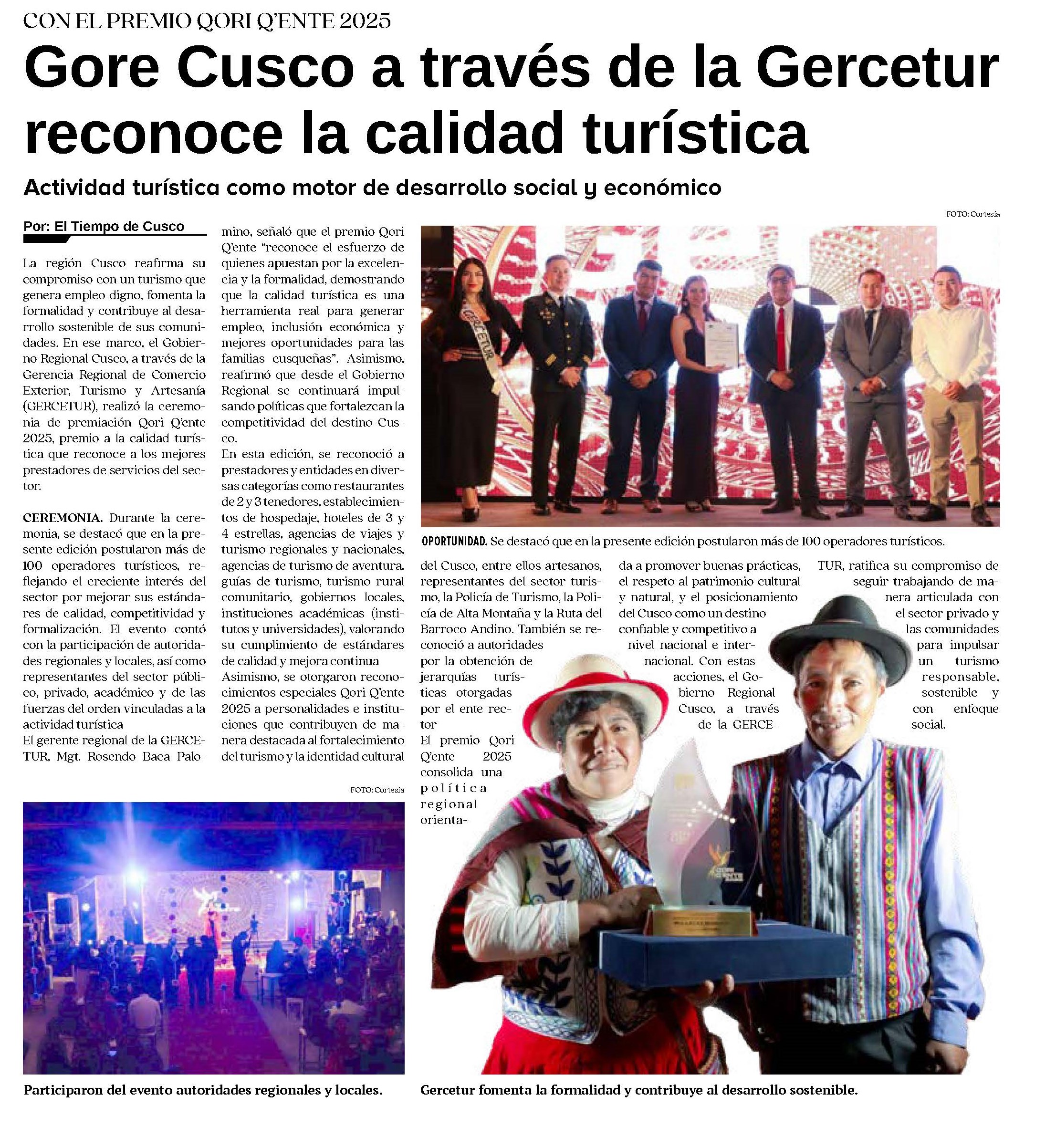 GORE CUSCO A TRAVÉS DE LA GERCETUR RECONOCE LA CALIDAD TURÍSTICA