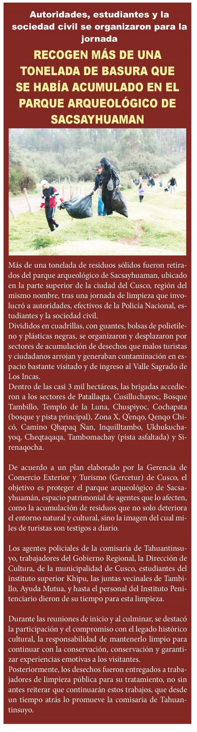 RETIRAN MÁS DE UNA TONELADA DE RESIDUOS EN SACSAYHUAMÁN