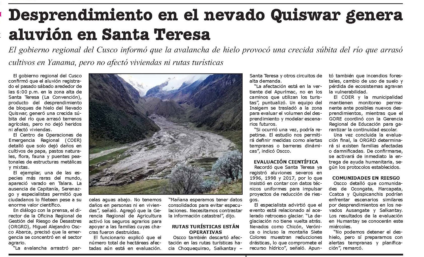 DESPRENDIMIENTO EN EL NEVADO QUISWAR GENERA ALUVIÓN EN SANTA TERESA