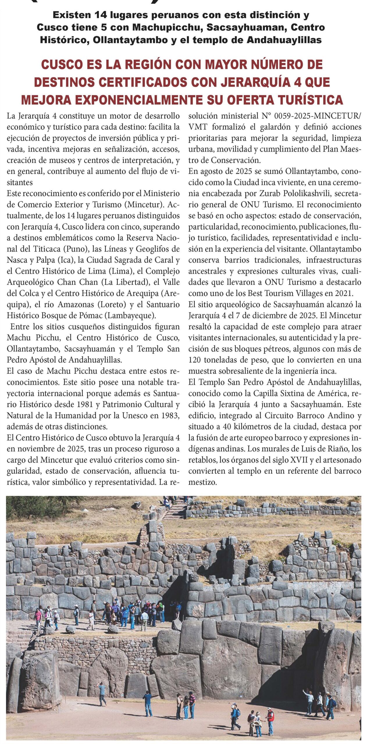 CUSCO ES LA REGIÓN CON MAYOR NÚMERO DE DESTINOS CERTIFICADOS CON JERARQUÍA