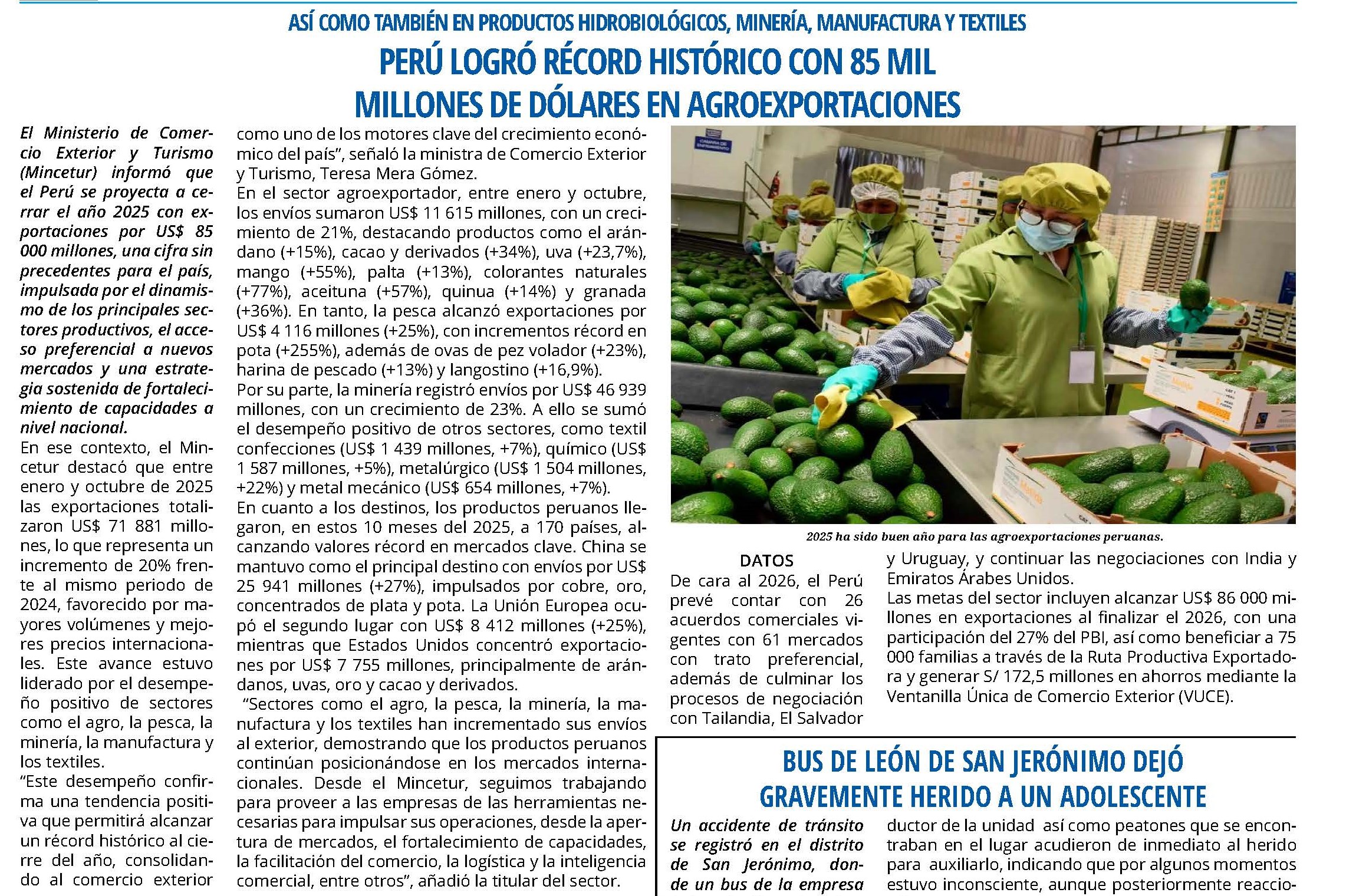 PERÚ LOGRÓ RÉCORD HISTÓRICO CON 85 MILLONES DE DÓLARES EN AGROEXPORTACIONES