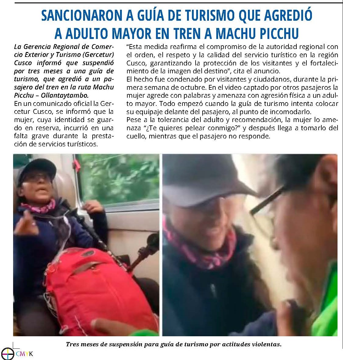 SANCIONARON A GUÍA DE TURISMO QUE AGREDIÓ A ADULTO MAYOR EN TREN A MACHU PICCHU