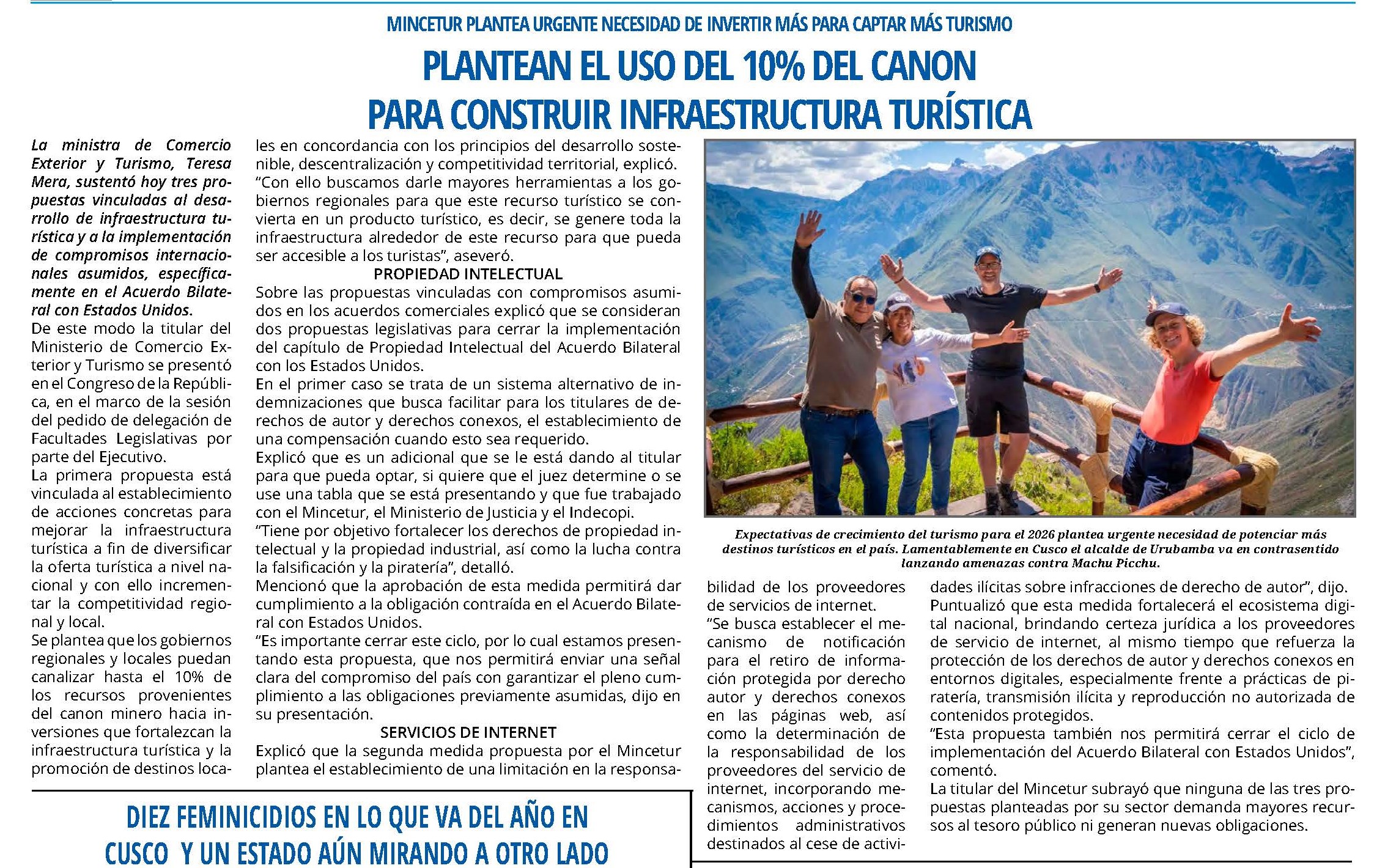 MINCETUR PLANTEA EL USO DEL 10% DEL CANON PARA CONSTRUIR INFRAESTRUCTURA TURÍSTICA