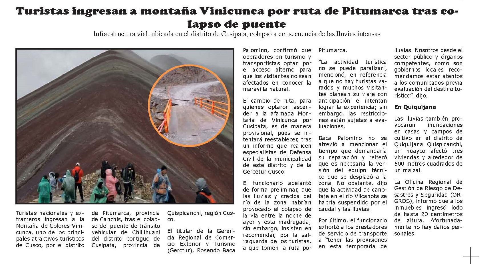 HABILITAN PUENTE CCOLLPA, VÍA DE ACCESO A LA MONTAÑA DE SIETE COLORES