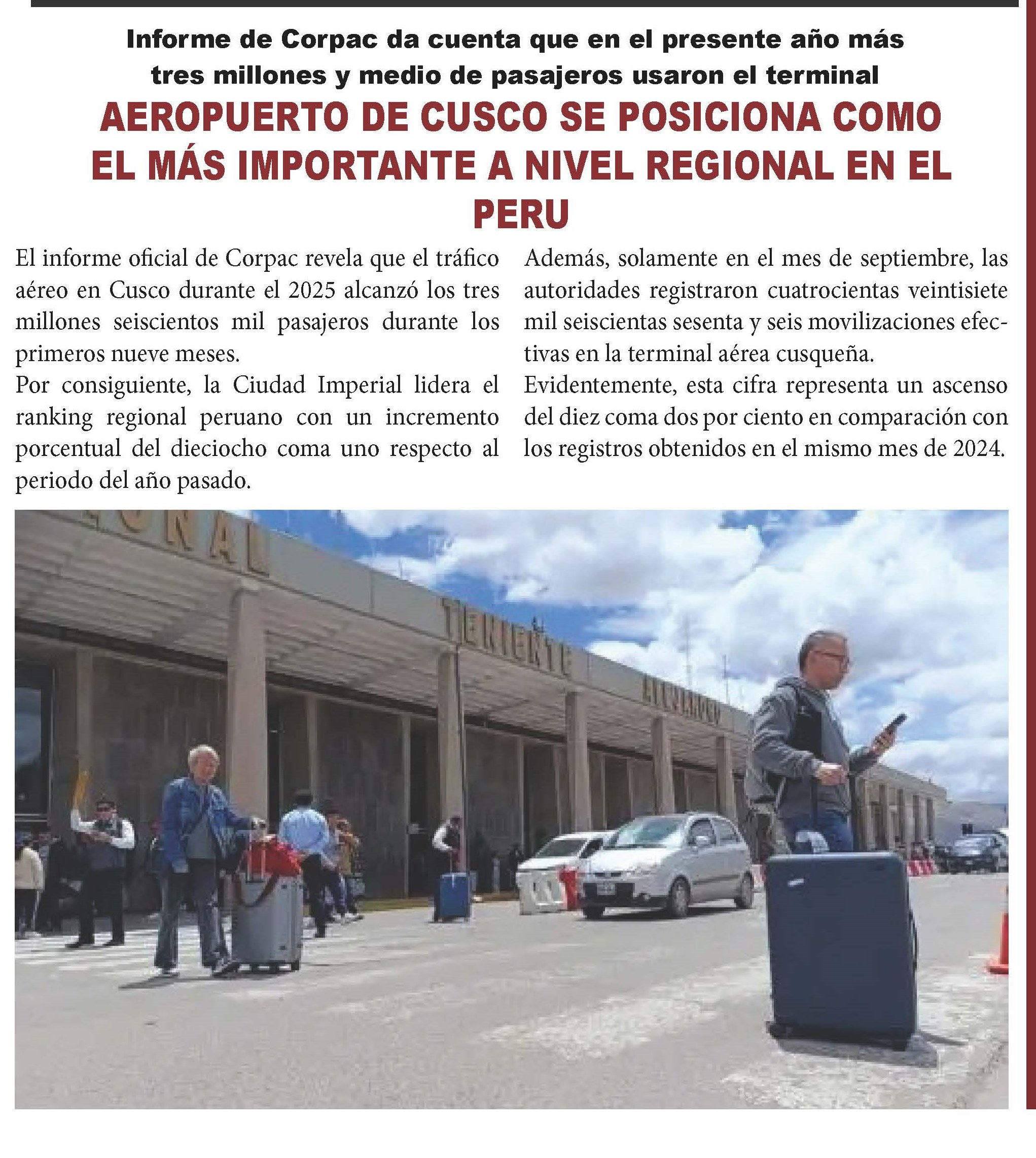 AEROPUERTO DE CUSCO SE POSICIONA COMO EL MÁS IMPORTANTE A NIVEL REGIONAL EN EL PERÚ