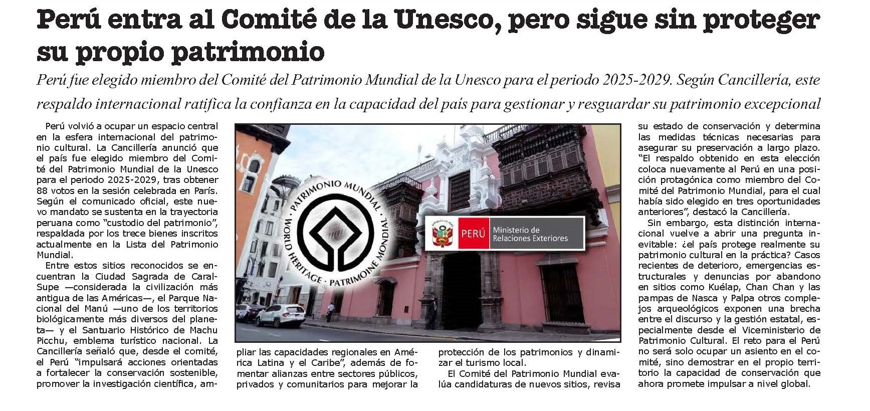 PERÚ ENTRA AL COMITÉ DE LA UNESCO, PERO SIGUE SIN PROTEGER SU PROPIO PATRIMONIO