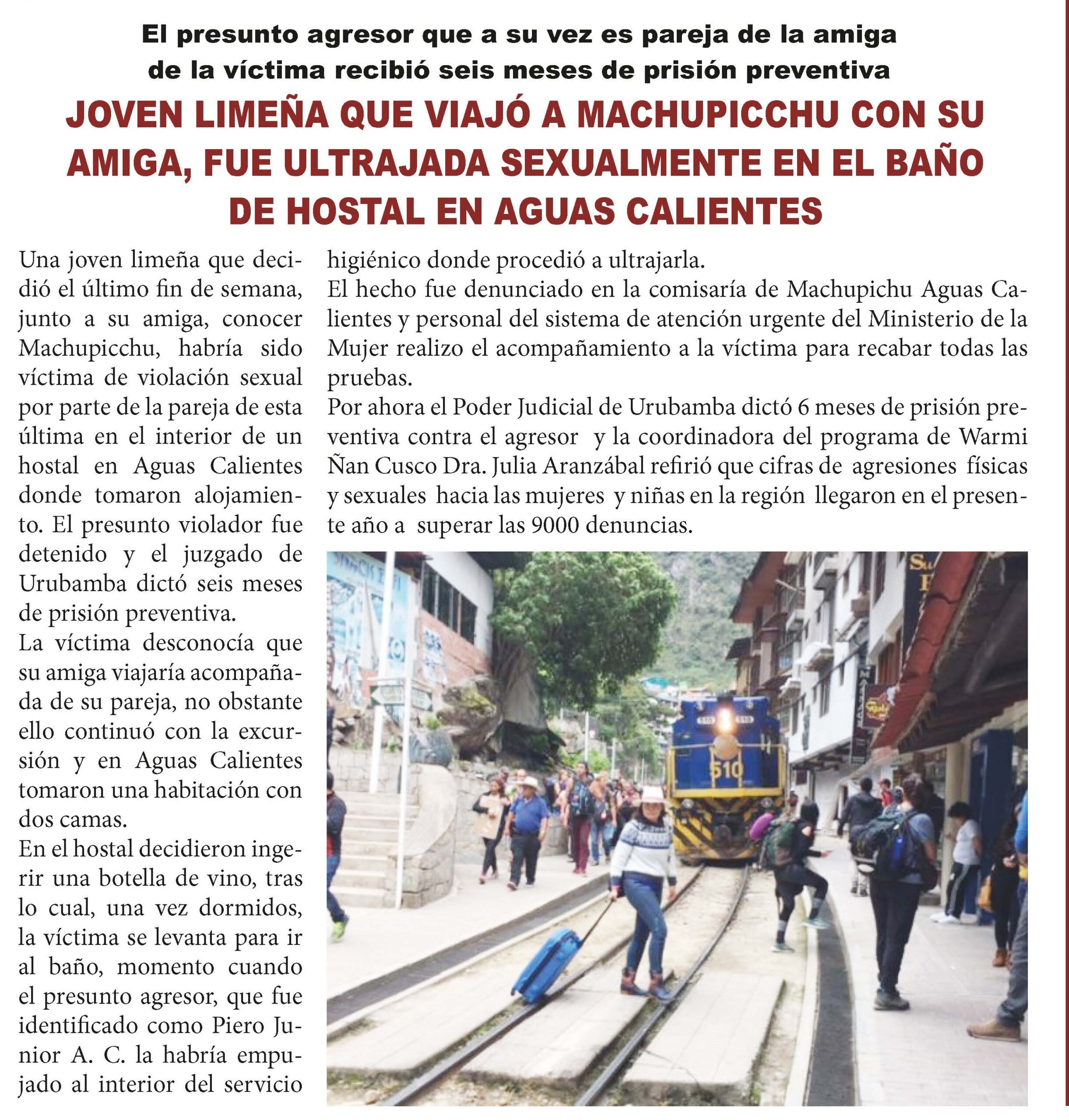 JOVEN TURISTA QUE VIAJÓ A MACHUPICCHU FUE ULTRAJADA SEXUALMENTE EN EL BAÑO DE HOSTAL EN AGUAS CALIENTES