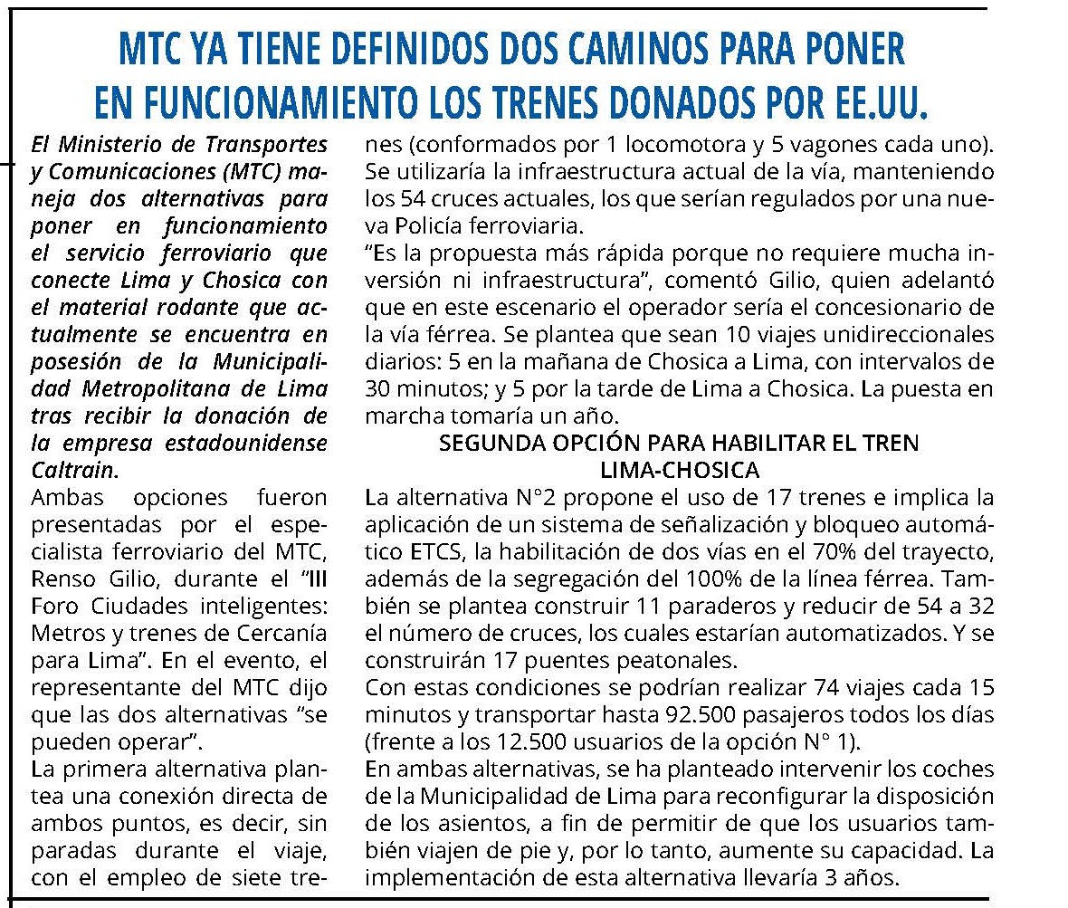 MTC TIENE DEFINIDOS DOS CAMINOS PARA FUNCIONAMIENTO DE TRENES DONADOS POR EE.UU.