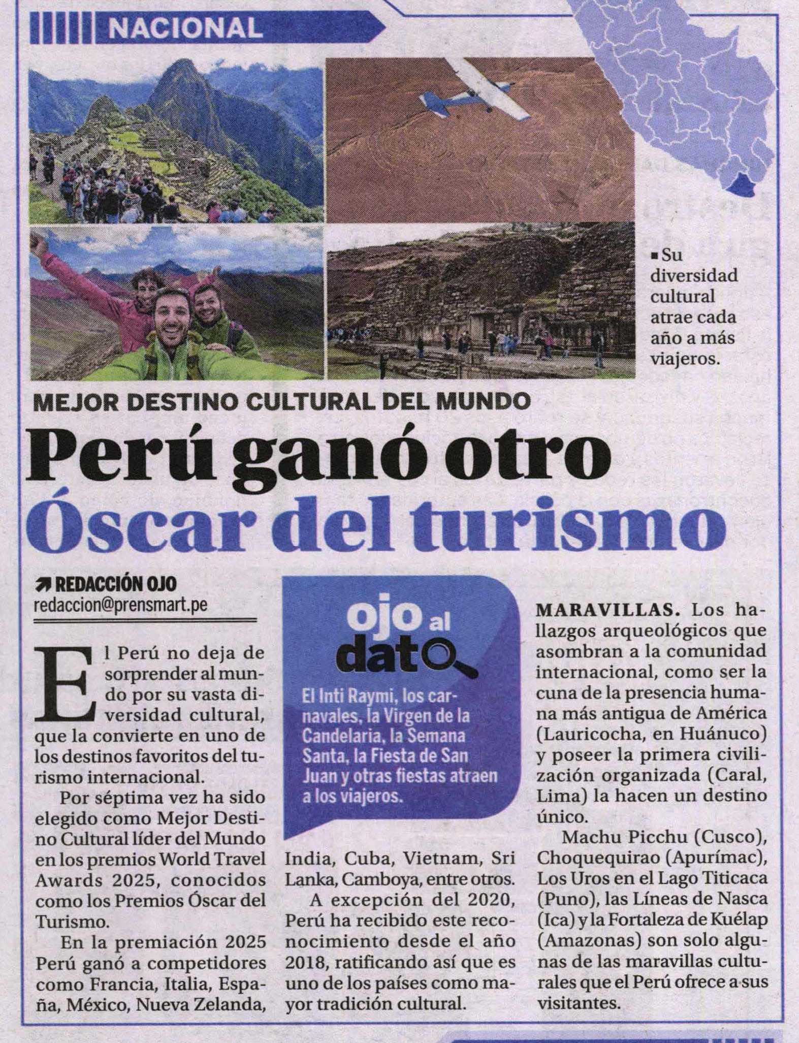 PERÚ GANÓ OTRO ÓSCAR DEL TURISMO