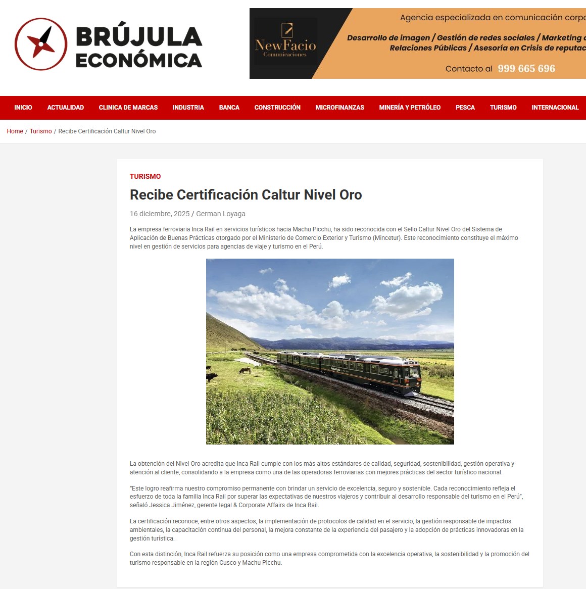 INCA RAIL RECIBE LA CERTIFICACIÓN CALTUR NIVEL ORO OTORGADO POR MINCETUR