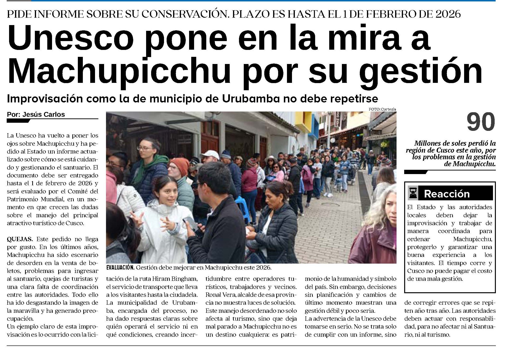 UNESCO PONE EN LA MIRA A MACHUPICCHU POR SU GESTIÓN