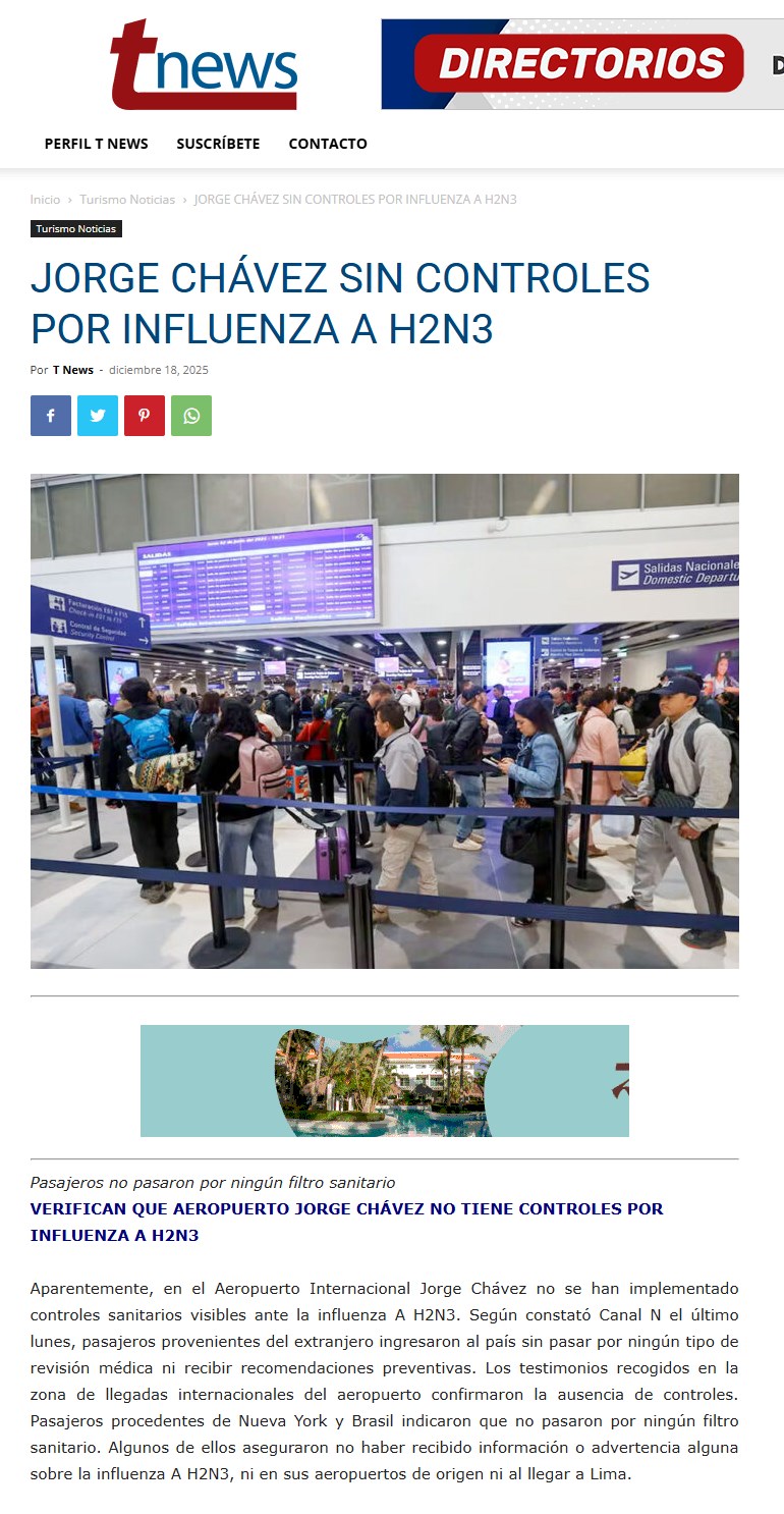 JORGE CHÁVEZ SIN CONTROLES POR INFLUENZA A H2N3
