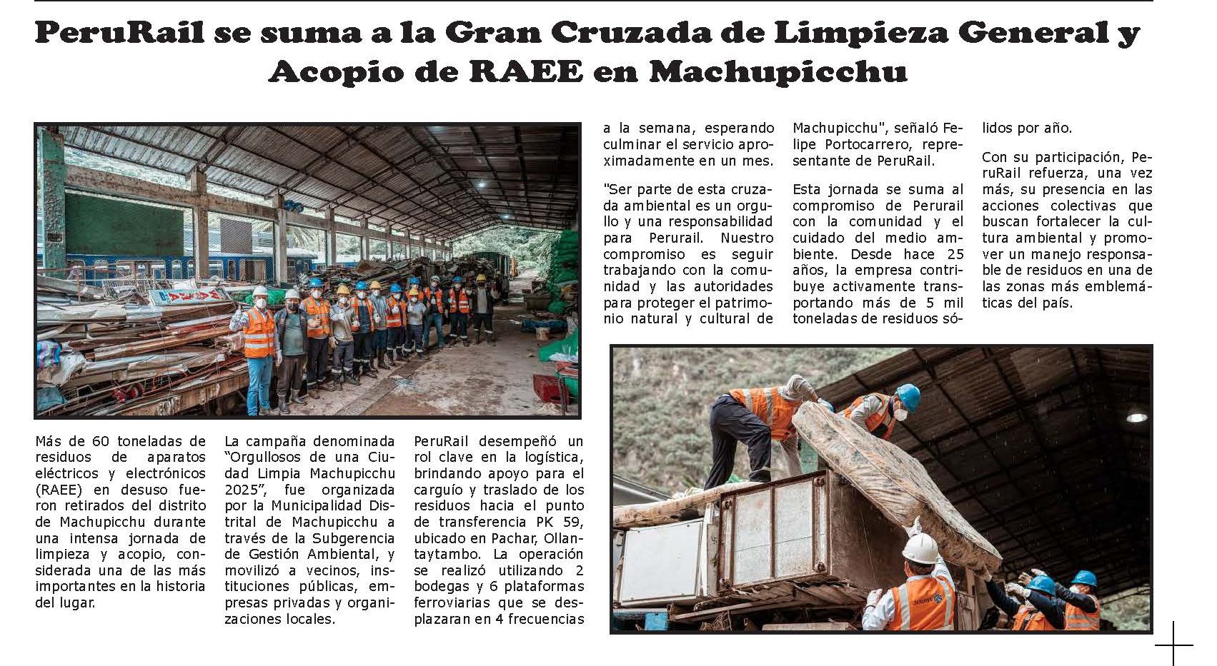 PERÚ RAIL SE UNE A CAMPAÑA DE LIMPIEZA DE BASURA