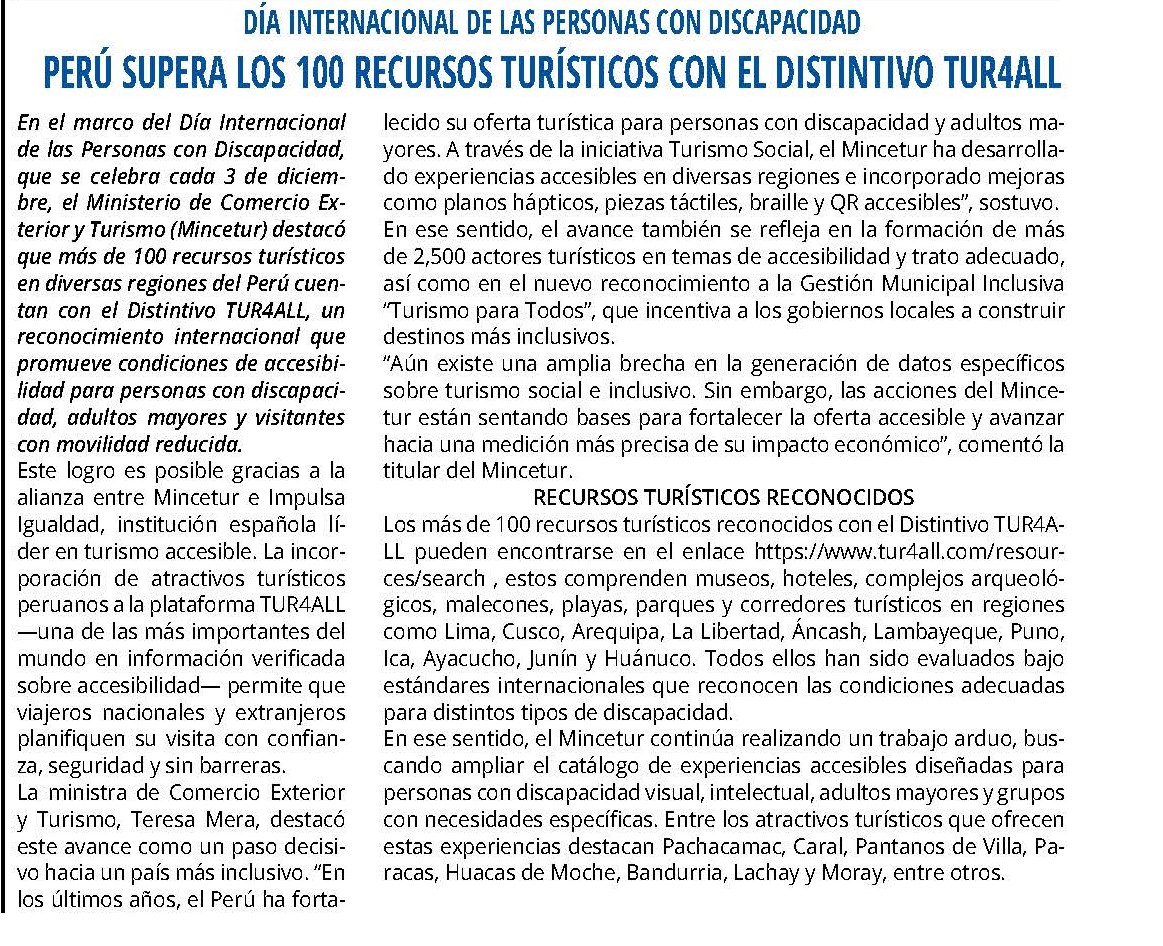 PERÚ SUPERA LOS 100 RECURSOS TURÍSTICOS CON EL DISTINTIVO TUR4ALL