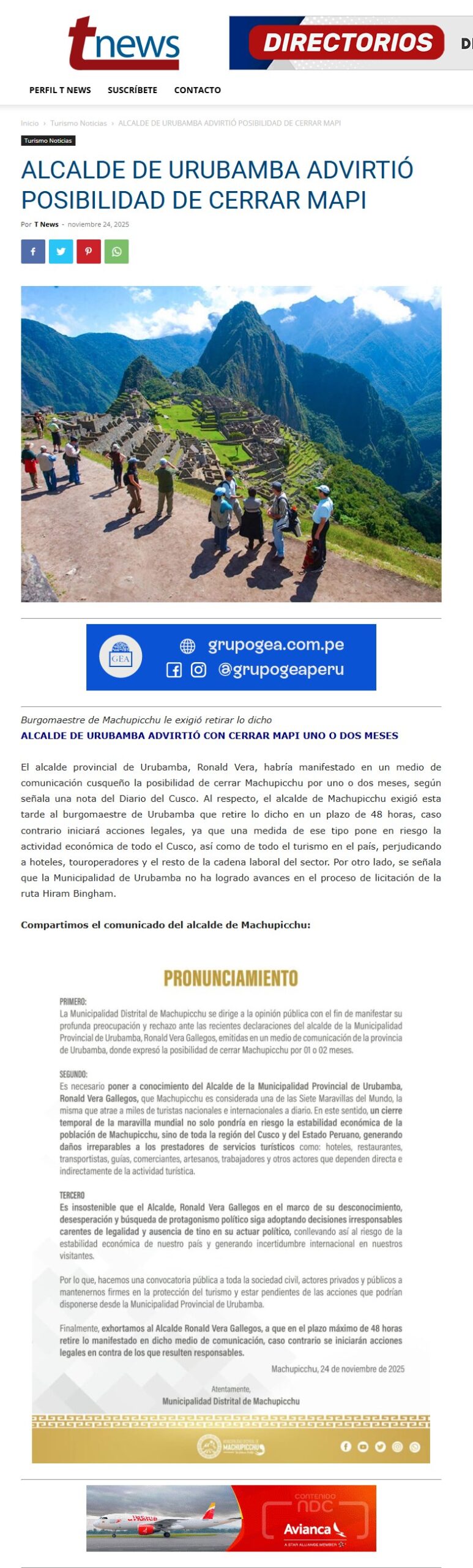 ALCALDE DE URUBAMBA ADVIRTIÓ POSIBILIDAD DE CERRAR MAPI