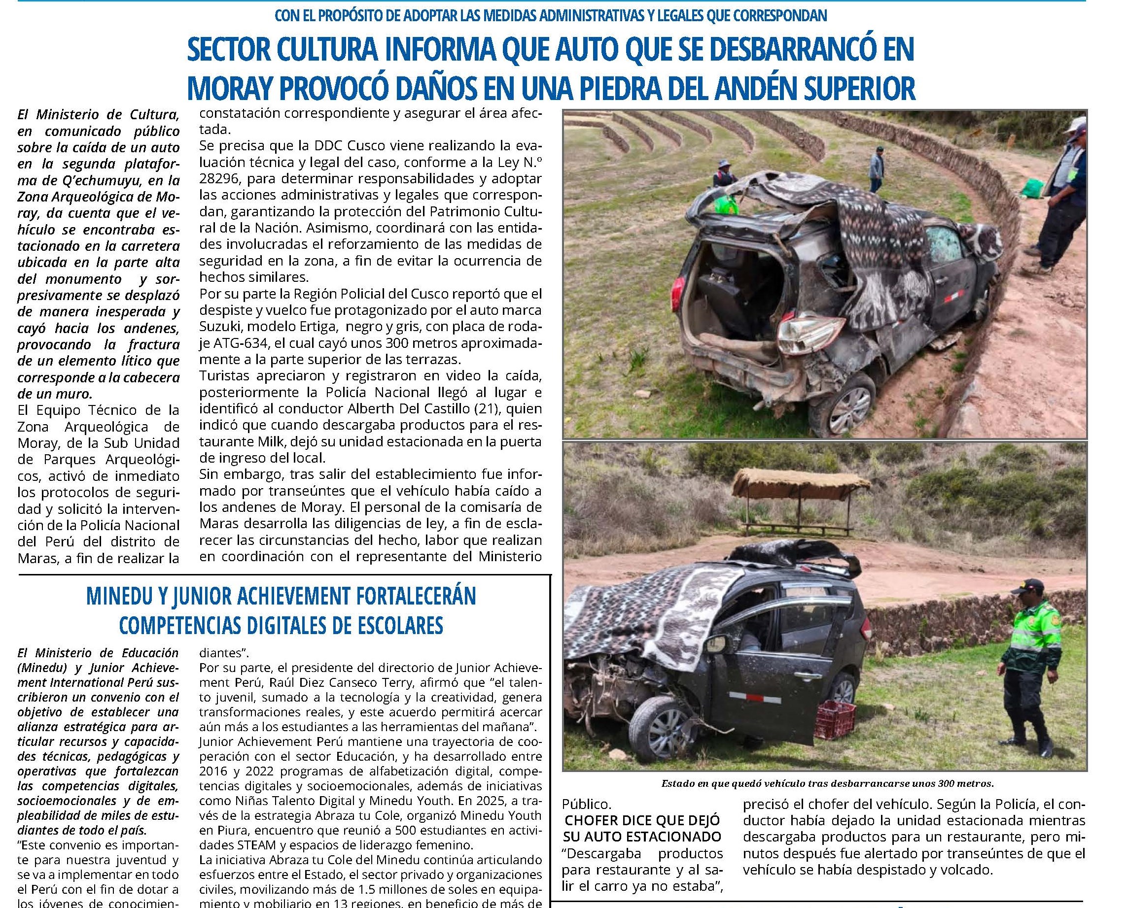 INICIAN TRABAJOS DE RECUPERACIÓN DE ANDENES DE MORAY AFECTADOS POR LA CAÍDA DE AUTO