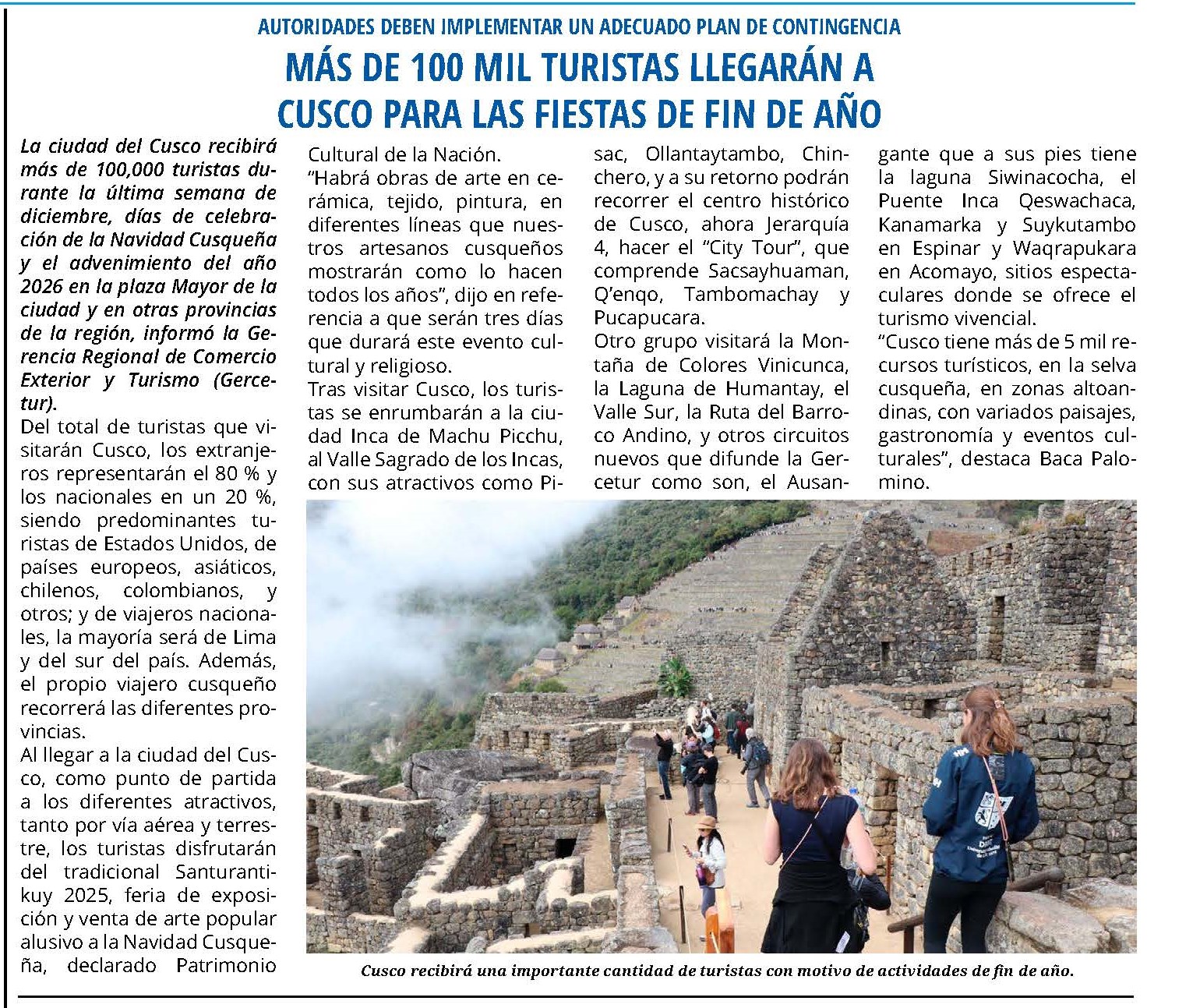 ESTIMAN QUE CUSCO RECIBIRÁN MÁS DE 100 MIL TURISTAS EN FIESTAS NAVIDEÑAS Y DE FIN DE AÑO