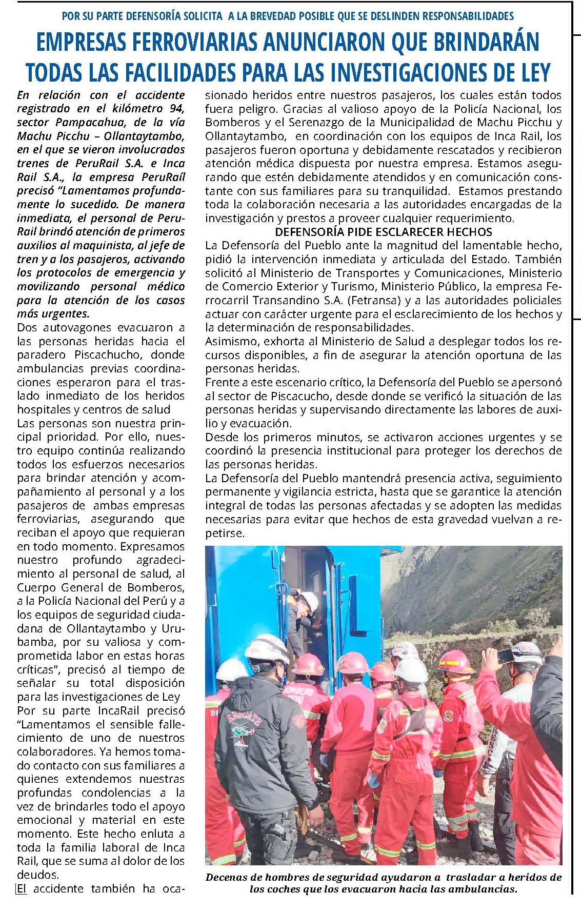 Empresas ferroviarias anunciaron que brindarán todas las facilidades para las investigaciones de ley