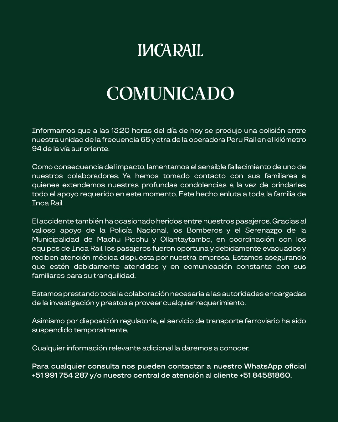 DIFUSIÓN DE COMUNICADO INCA RAIL