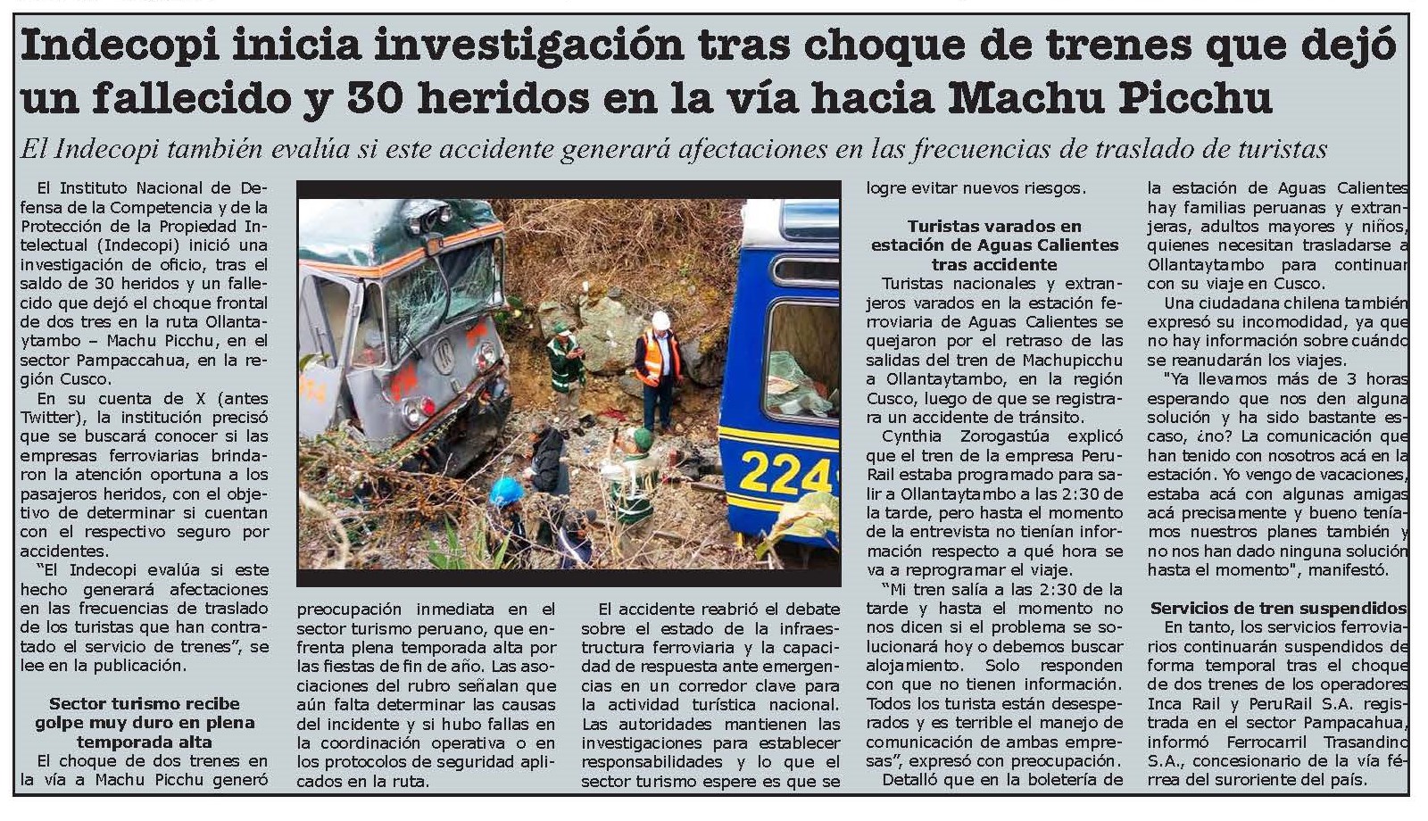 Indecopi inicia investigación tras choque de trenes que dejó un fallecido y 30 heridos en la vía hacia Machu Picchu