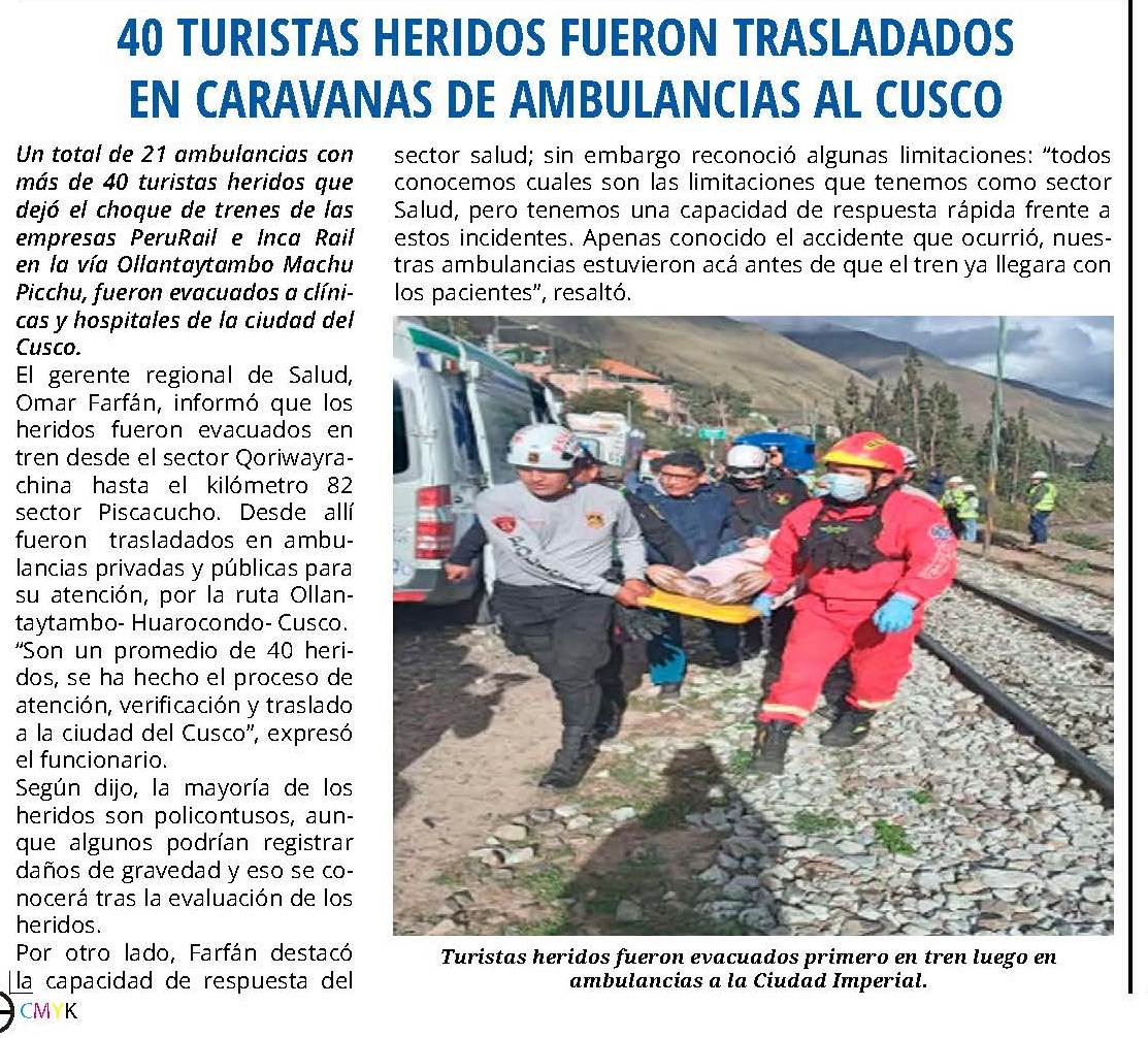 40 turistas heridos fueron trasladados en caravanas de ambulancias al Cusco
