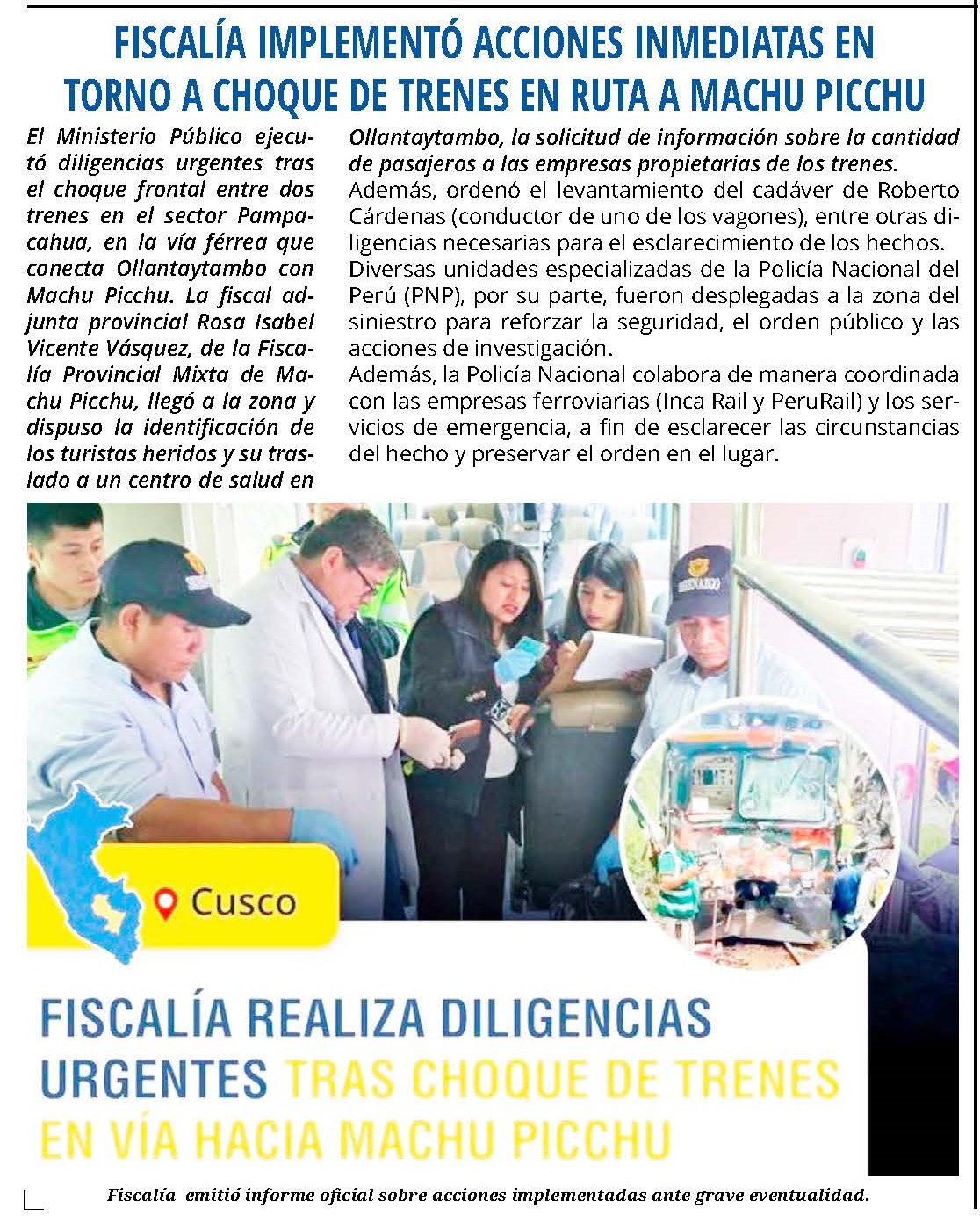 Fiscalía implementó acciones inmediatas en torno a choque de trenes en ruta a Machu Picchu
