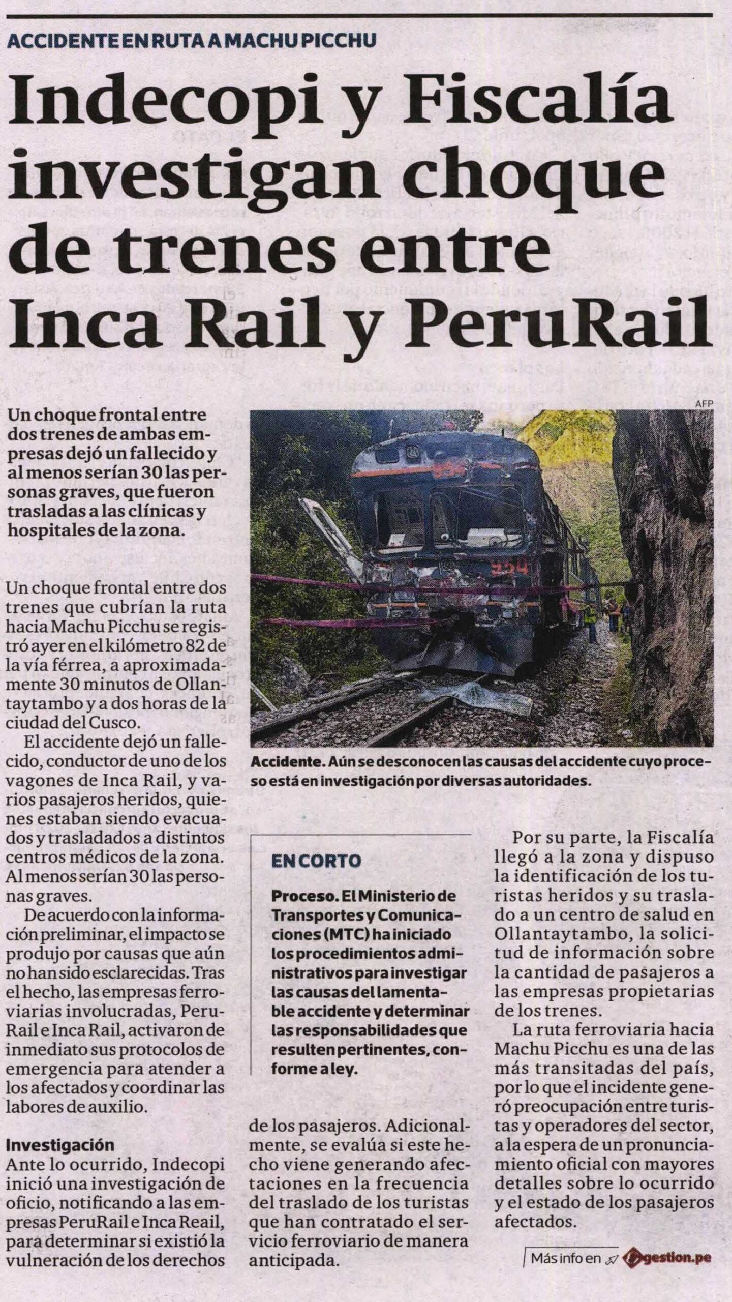 Choque de trenes deja un fallecido en Cusco